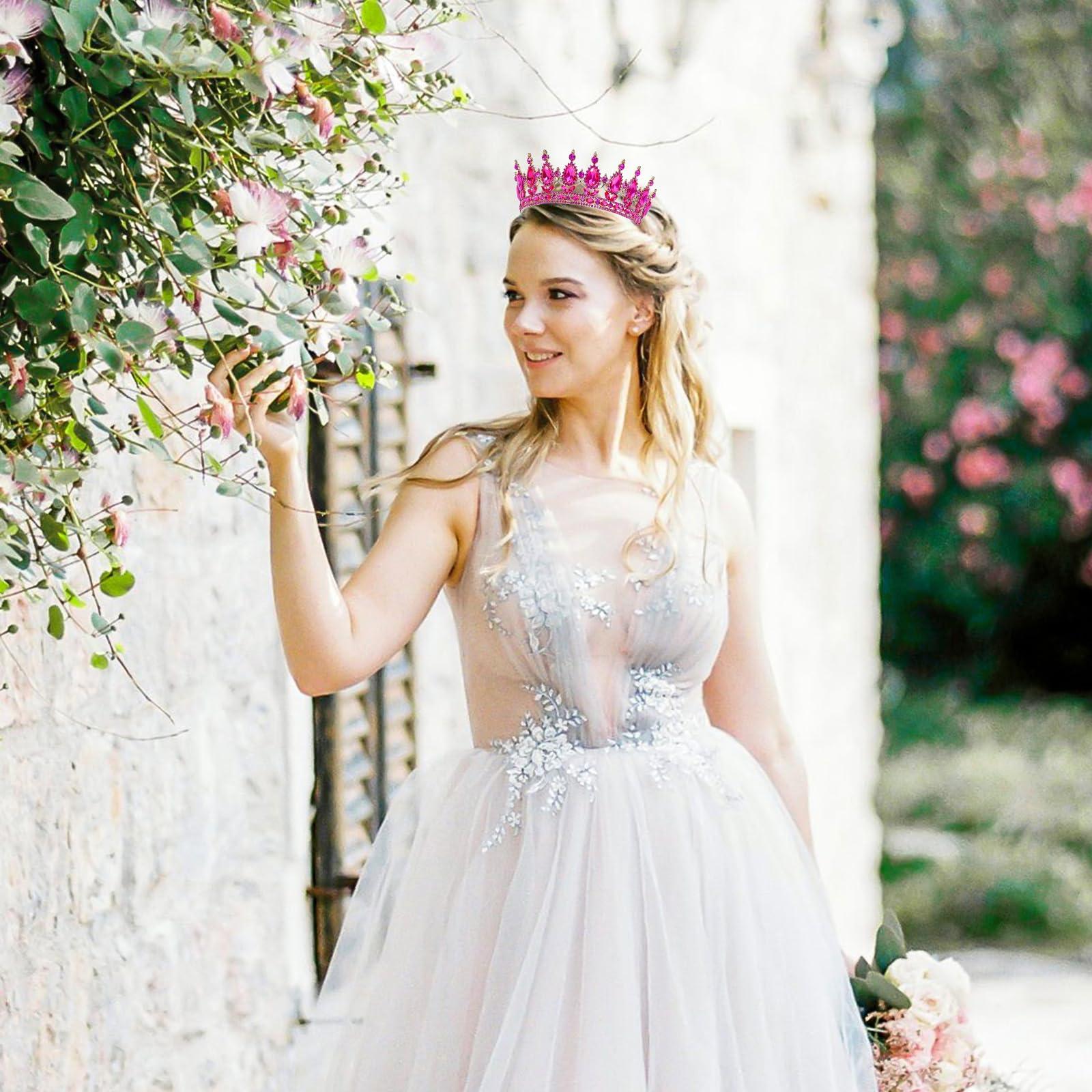 Feltent Tiara Crown for Women Hot Pink Princess Crowns Royal Queen Crowns Wedding Tiaras for Bride Crystal Hair Accessorie for Birthday Halloween Cosplay Christmas Party Prom Gifts