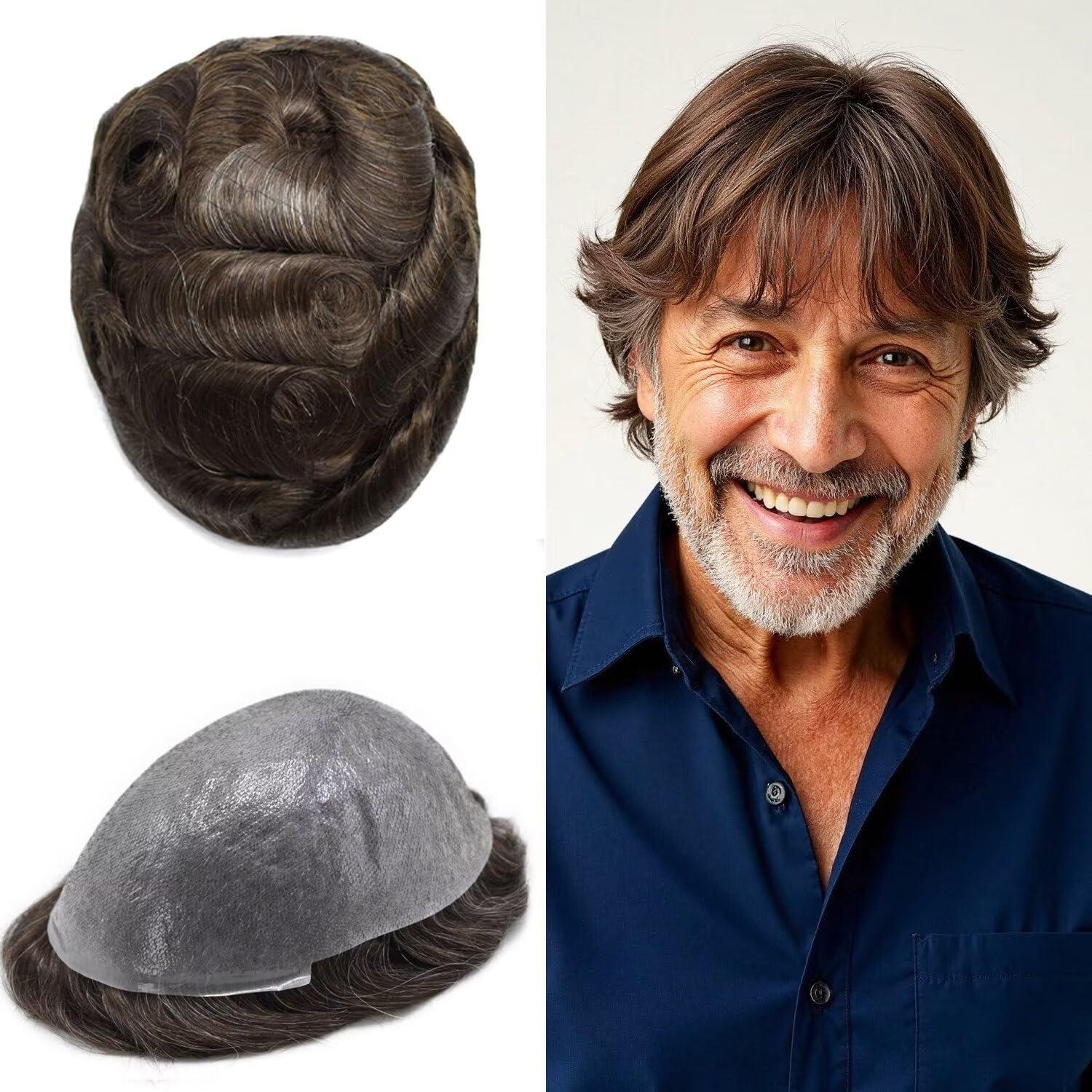 Generic Men\'s Hair Replacement System Human Hairpieces Toupee for Men 0.04-0.06MM Thin Skin PU V-Looped Mens Toupee Men hair Piecce #310 3# DARK BROWN WITH 10% SYNTHETIC GREY