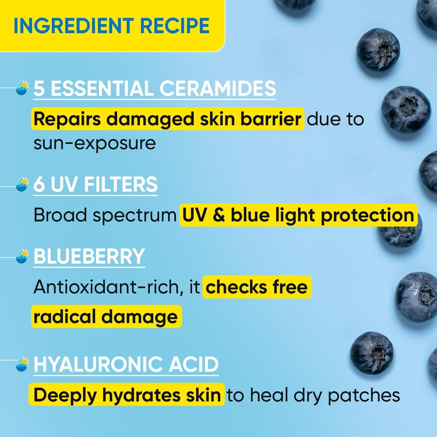 NinthAvenue Basics DTKY Blueberry Hydrate Barrier Repair Sunscreen SPF 50+, PA++++ | For Dry & Sensitive Skin | Non - Greasy Finish | No White Cast | UV & Blue Light Protection | Broad Spectrum | 80g