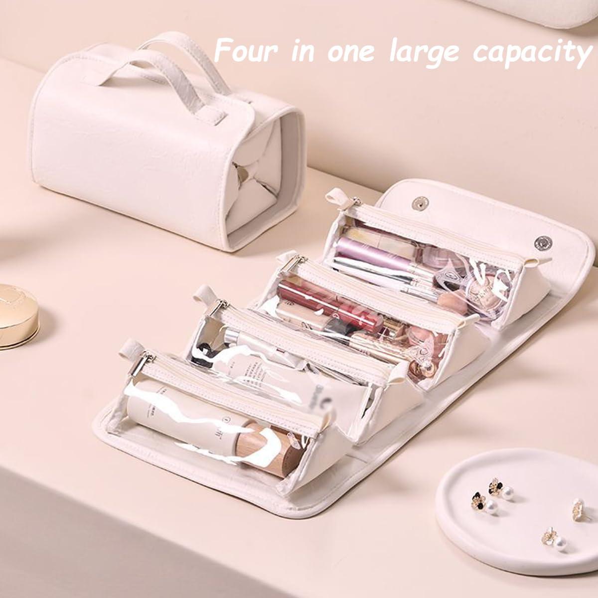 Generic Leather Waterproof Cosmetic Bag, Roll Up Toiletry Makeup Hanging Bag With Compartments, Multi Travel Roll Up Bag (White)