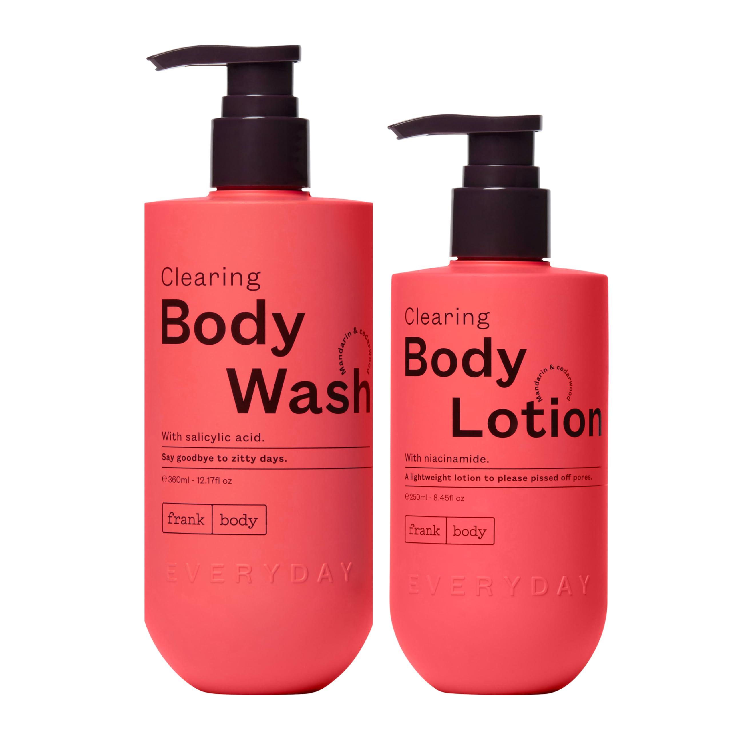 frank body frank body Clearing Body Wash & Body Lotion Bundle | Vegan & Cruelty Free | Removes Stubborn Dead Skin, Excess Oil, Black & White Heads| Mandarin & Cedarwood Scent