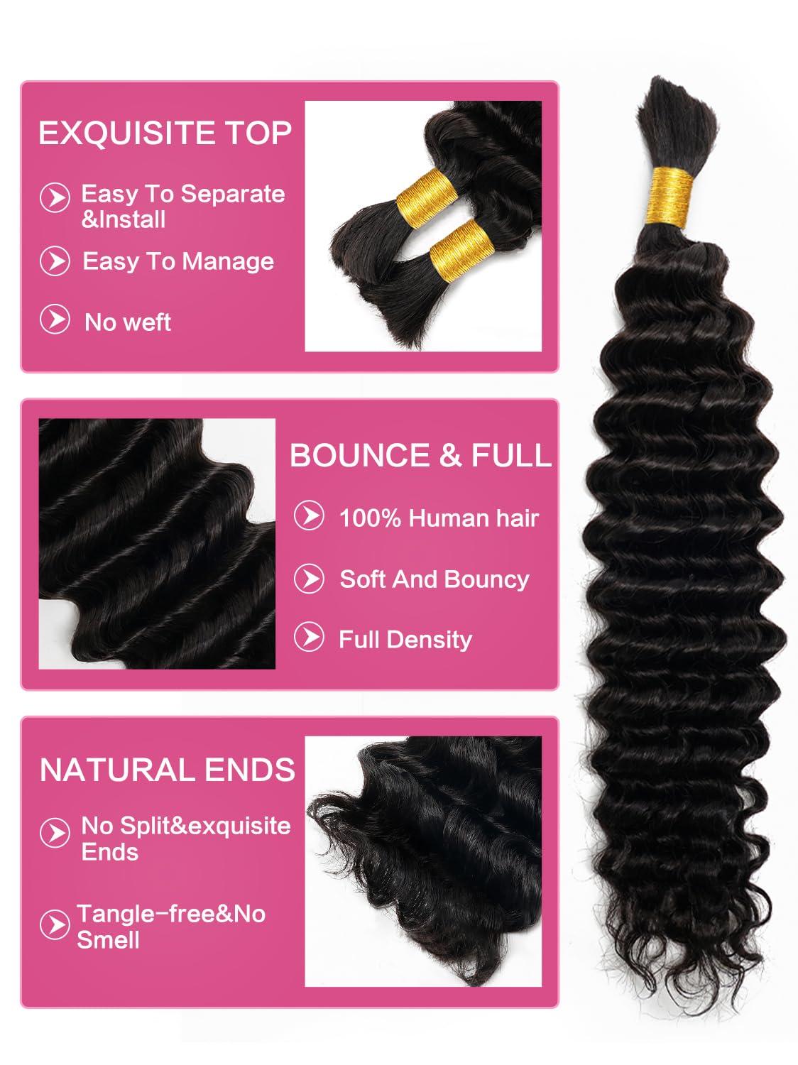 KISS HAIR Human Braiding Hair 1 Bundles/Pack 100g 18 Inch Deep Wave Curly Bulk 100% Human Hair for Braiding No Weft 10A Brazilian Virgin Human Hair Extensions for Boho Braids Natural Black Wet and Wavy