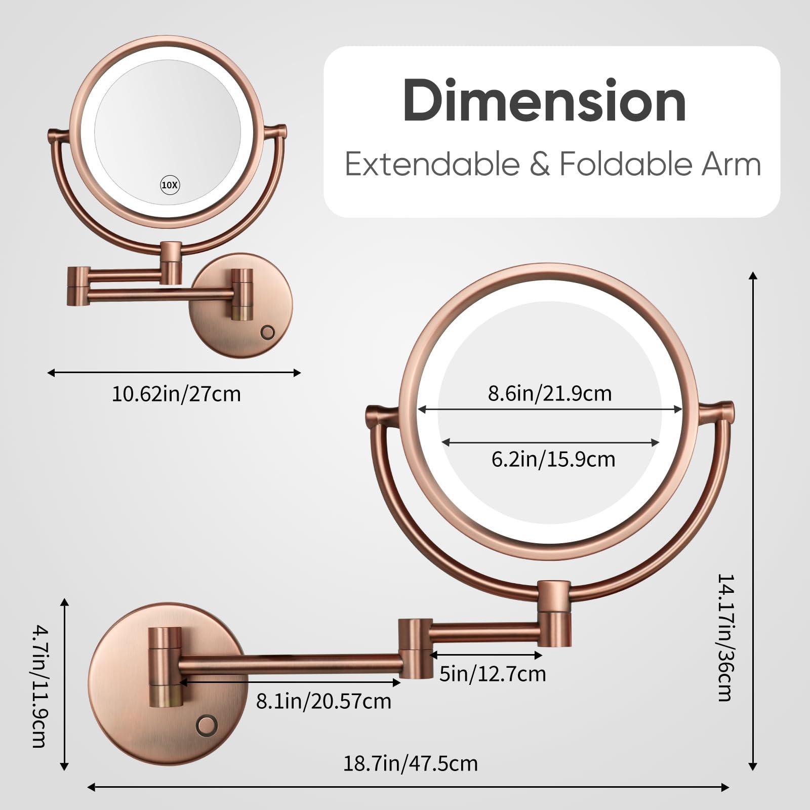GURUN GURUN Wall Mounted Hardwired Makeup Mirror with 3 Tones Dimmable LED Lights 10x Magnifying Mirror with Touch Control for Bathroom Bedroom 13\" Extendable Arm M1809DB-9x10MR-T(10x,Matte Rose Gold)