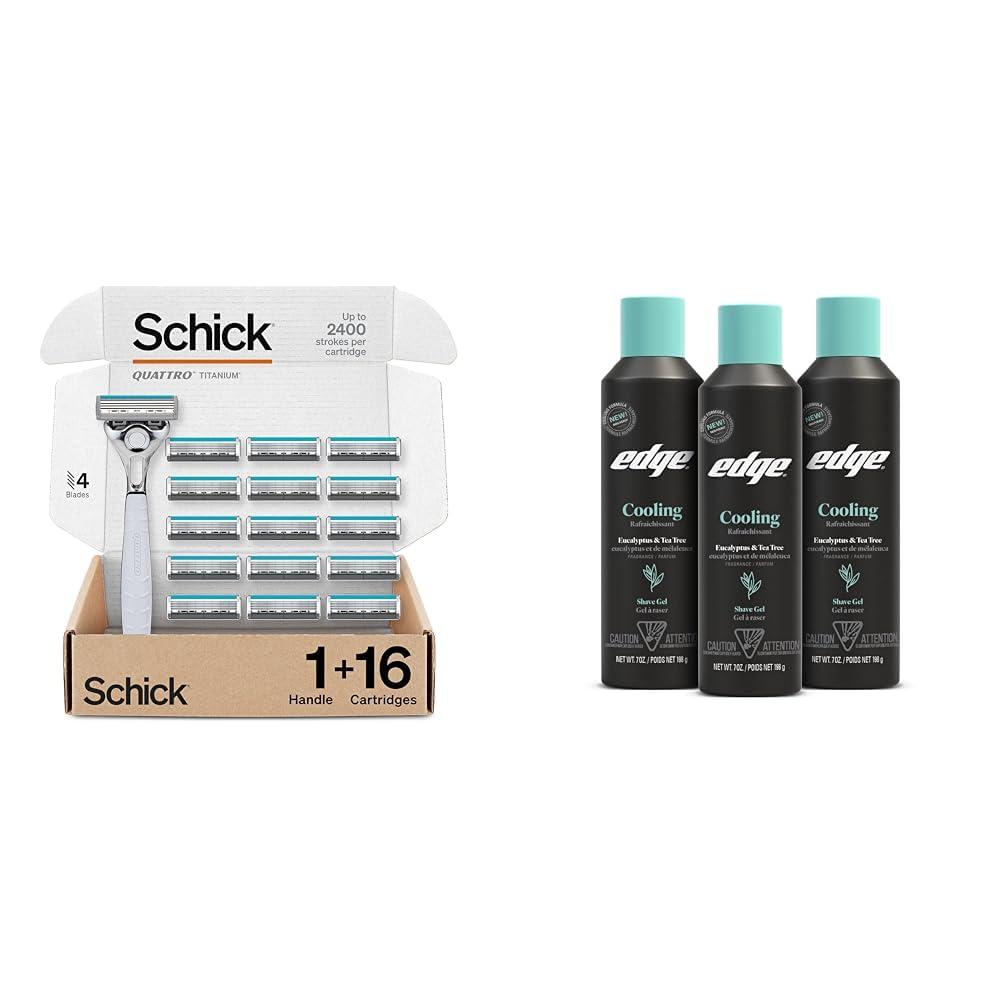 Schick Schick Quattro Titanium Razor with 16 Refill Blades (Packaging May Vary) & Edge Shave Gel for Men, Cooling Eucalyptus & Tea Tree 7oz (3 Pack)