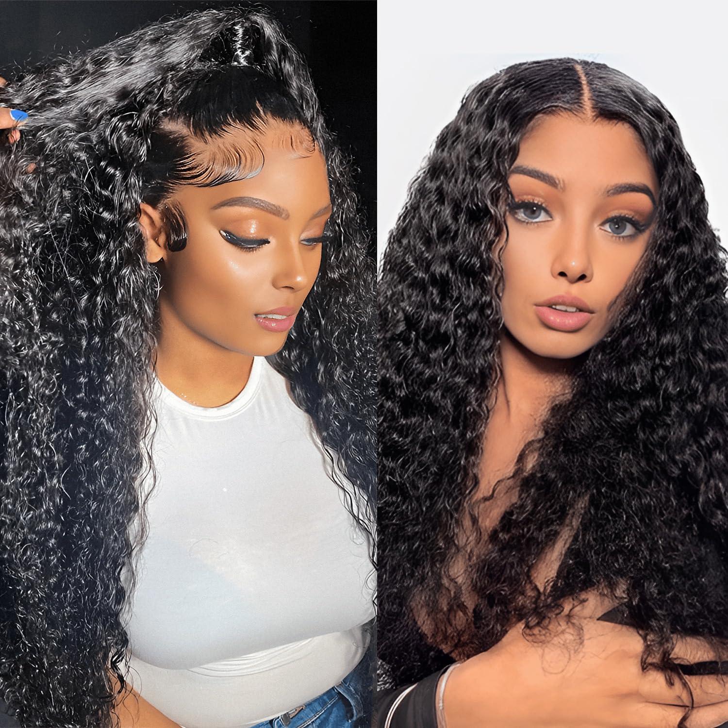 flooyeer 22 Inch Deep Wave Lace Front Wigs Human Hair, 180% Density 13x4 Real HD Lace Full Frontal Wigs Glueless Wigs Human Hair Pre Plucked Hairline Bleached Knots Hair Wig with Baby Hair