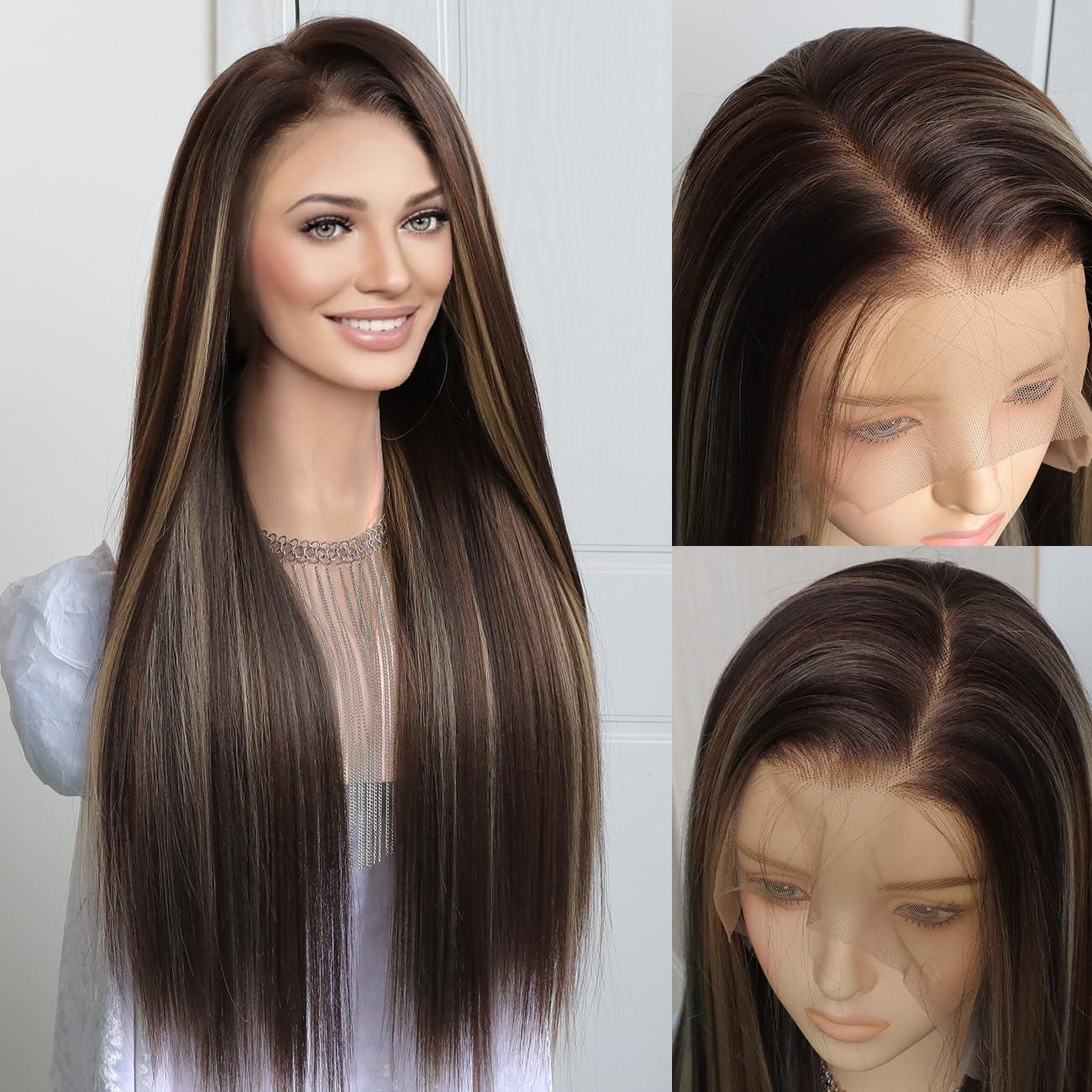 K\'ryssma Kryssma Highlight Blonde Reddish Brown 13x6 Lace Front Wig Pre Plucked Glueless Long Bone Straight Synthetic Lace Front Wigs for Women with 6 Inch Deep Part Mixed Brown 13x6 Wig 24 Inches