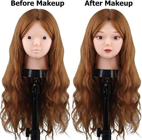 TopDirect Mannequin Head with 80% Human Hair, TopDirect 23.5" Brown Real Hair Cosmetology Mannequin Head Hair Styling Hairdressing Practice Training Doll Heads with Clamp Holder and Tools