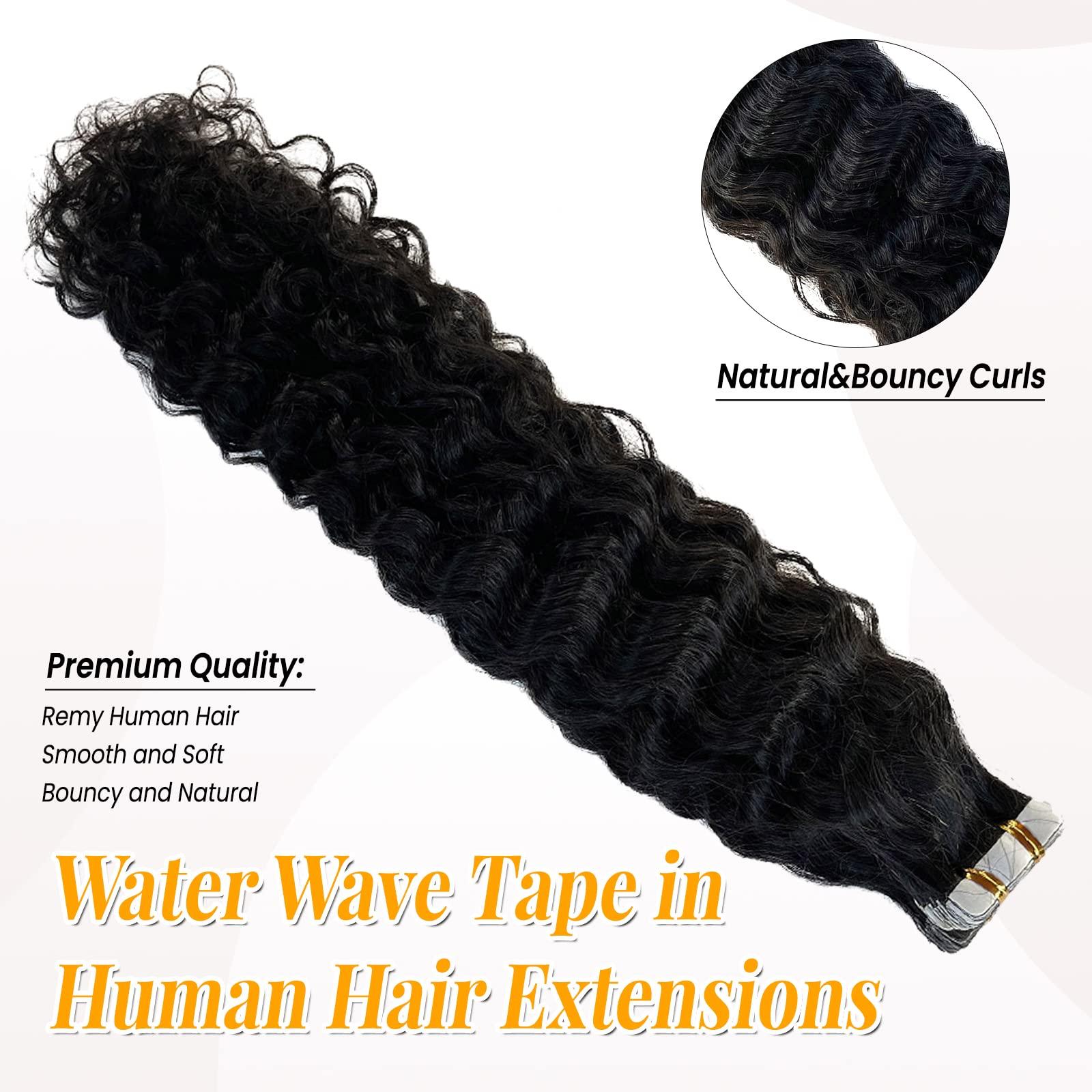 Valiilo Curly Tape ins Human Hair Extensions Water Wave Remy Hair Tape in Extensions Invisible Double Sided Skin Weft 20pieces 50gram Seamless Natural Black Wavy Tape for Hair Extensions 14 Inch