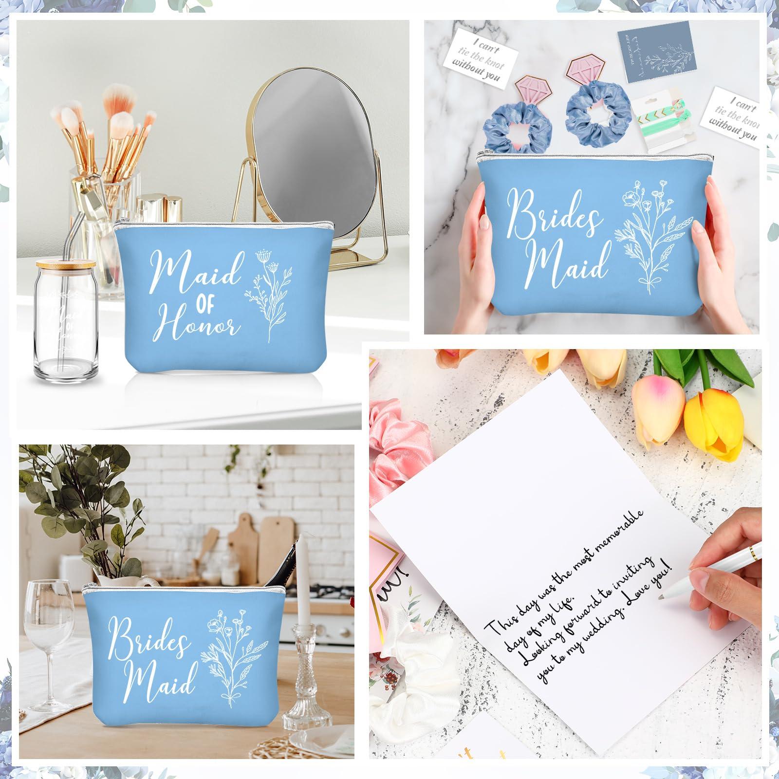 Irenare Irenare 36 Pcs Bridesmaid Proposal Gifts Bridal Shower Gifts 16 oz Glass Cup Cosmetic Makeup Bags Invited Cards Scrunchies Hair Knotted Bracelets Diamond Pens Favors for Wedding (Blue)