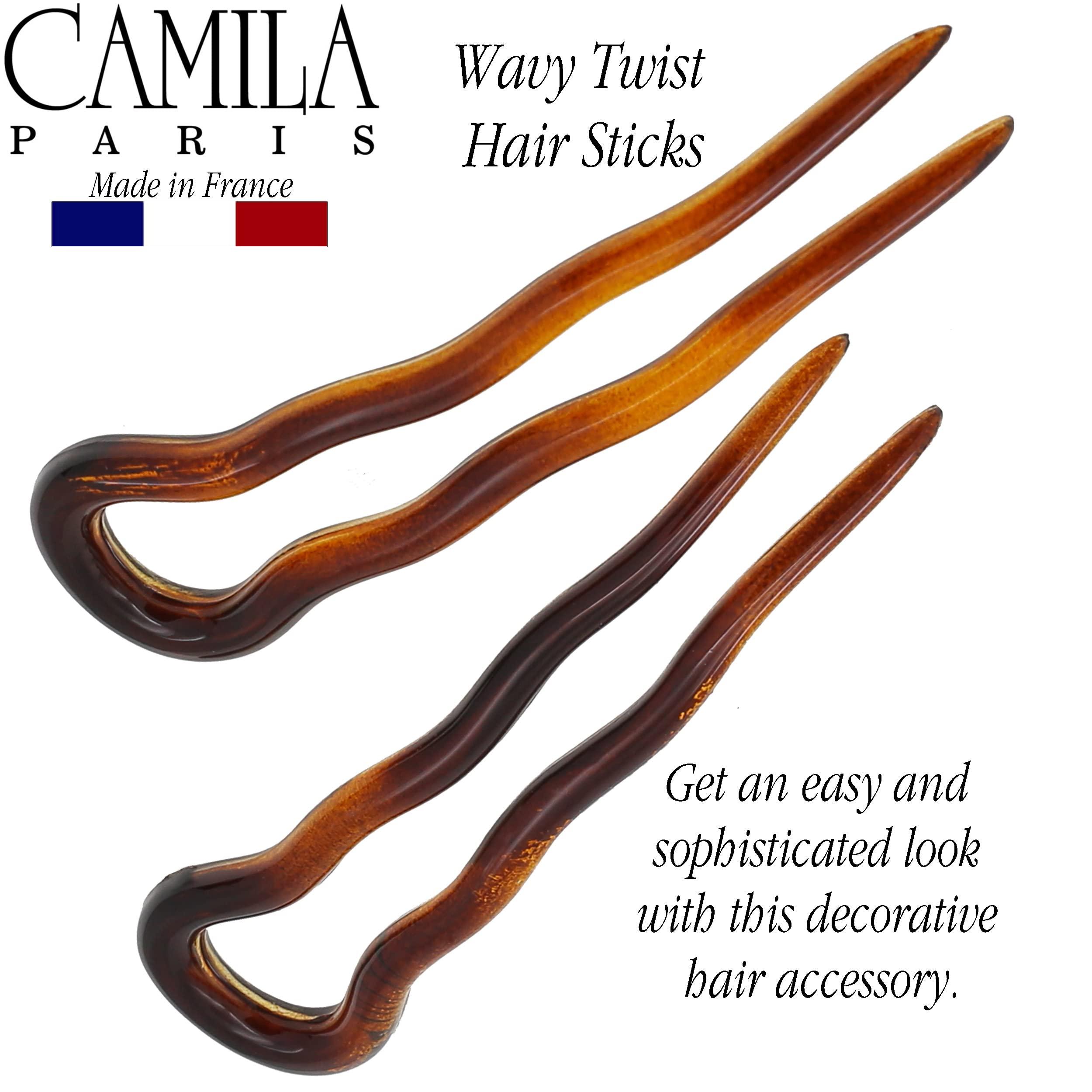 Camila Camila Paris AD823 French Twist Stick Hair Fork, 4 Small Wavy U Shaped Hair Pin Clip for Spiral Updo Bun, Tortoise Shell, Fashion Flexible Durable Styling Hair Accessories for Women, Made in France