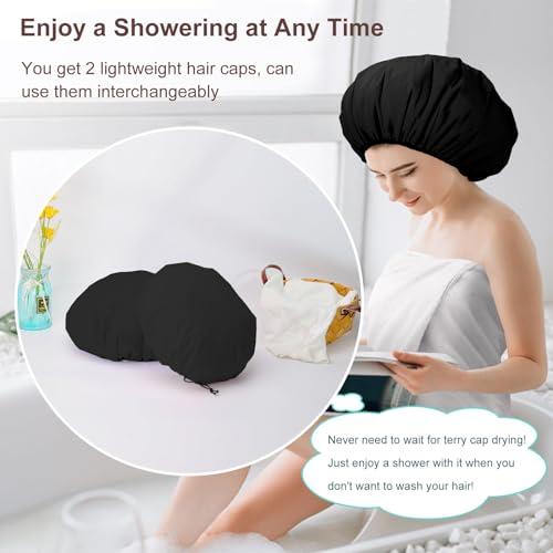 SHEOMERN Sheomern 2 Pcs 15\" XL Extra Large Terry Lined Shower Cap, Adjustable Dual Waterproof Shower Cap for Women Reusable Soft Hair Cap Bath Cap for Long Braids, Thick Hair, Locs, Curly Hair