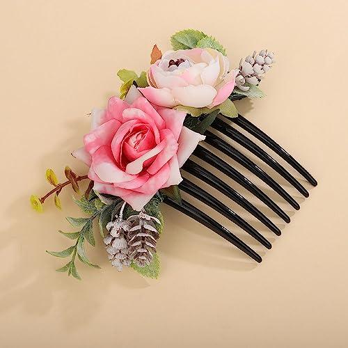 Teyglen Teyglen Bridal Flower Hair Comb Floral Artificial Flower Side Comb Bridal Hair Clip Pieces Headpiece Wedding Hair Accessories for Women Bride Photo Shoot Prom Party Festival (Style 1)