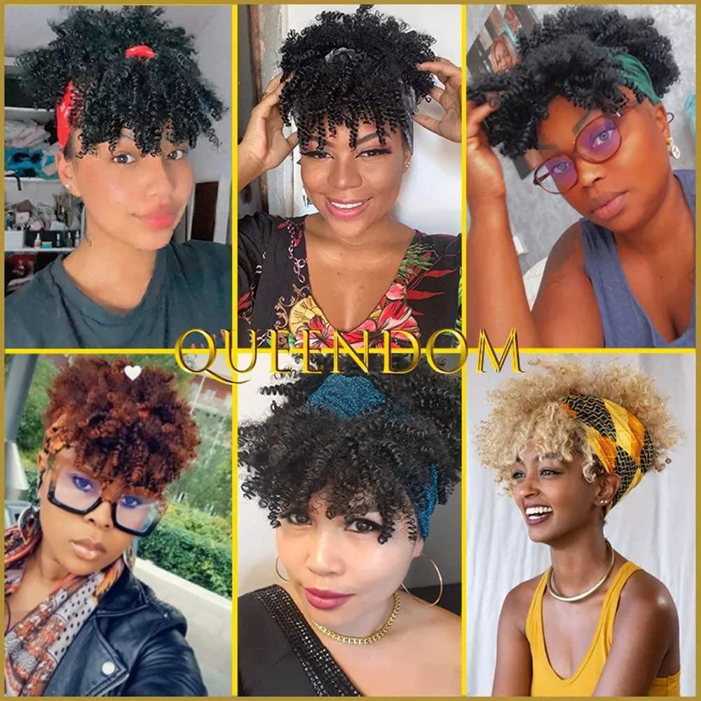 SXSZLYP Afro Headband Wig Short Afro Kinky Curly Wigs for Black Women,Natural Black Glueless Afro Wigs with Headbands Attached Afro Curly Headband Wigs Synthetic Afro Scarf Wigs,C