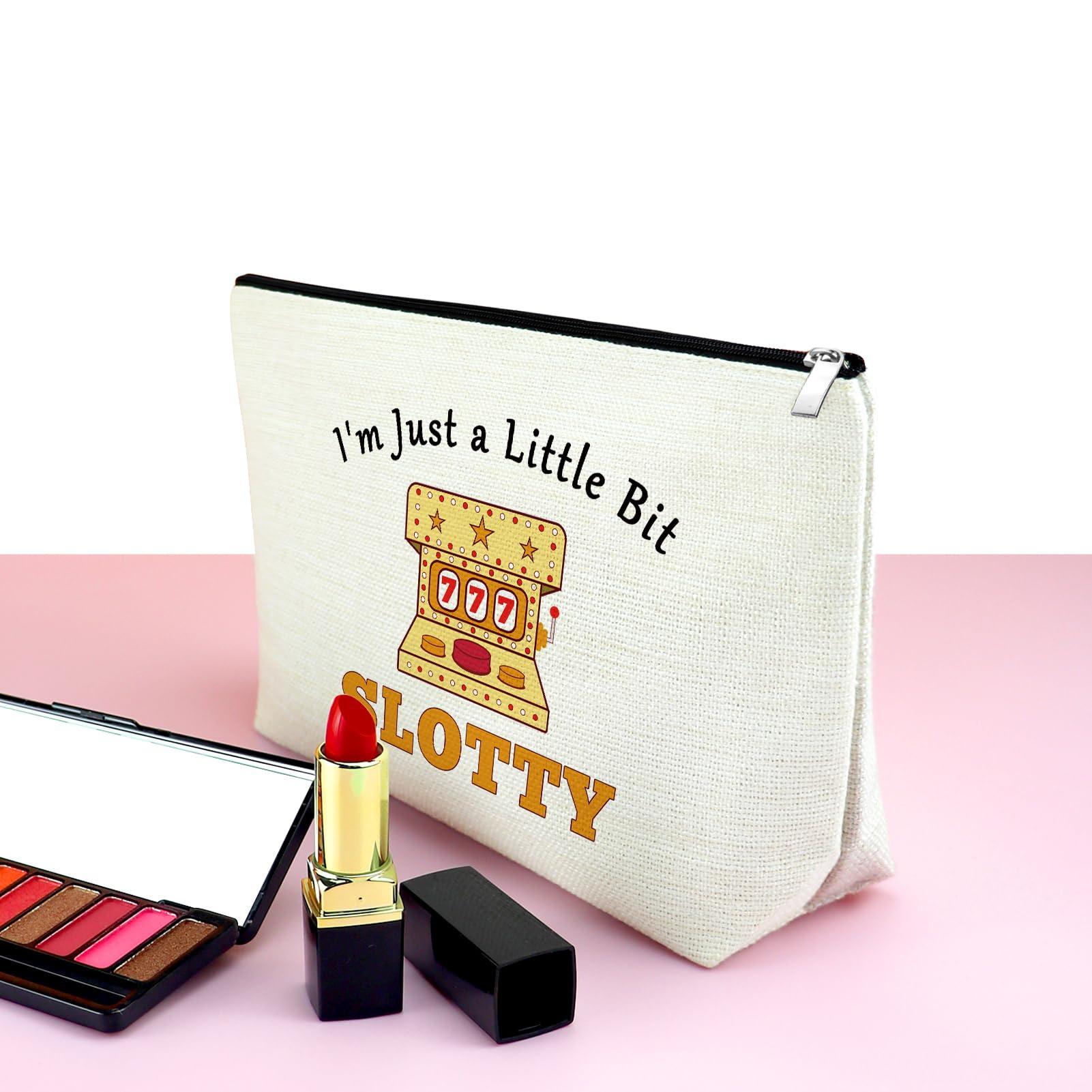 Mxrymvu Funny Gambling Makeup Bag Gifts for Casino Lovers Women Cosmetic Bag Birthday Gifts for Gamblers Zipper Pouch Lucky Casino Gifts Christmas Gift for Friends Grandma Her I'M JUST A LITTLE BIT SLOTTY