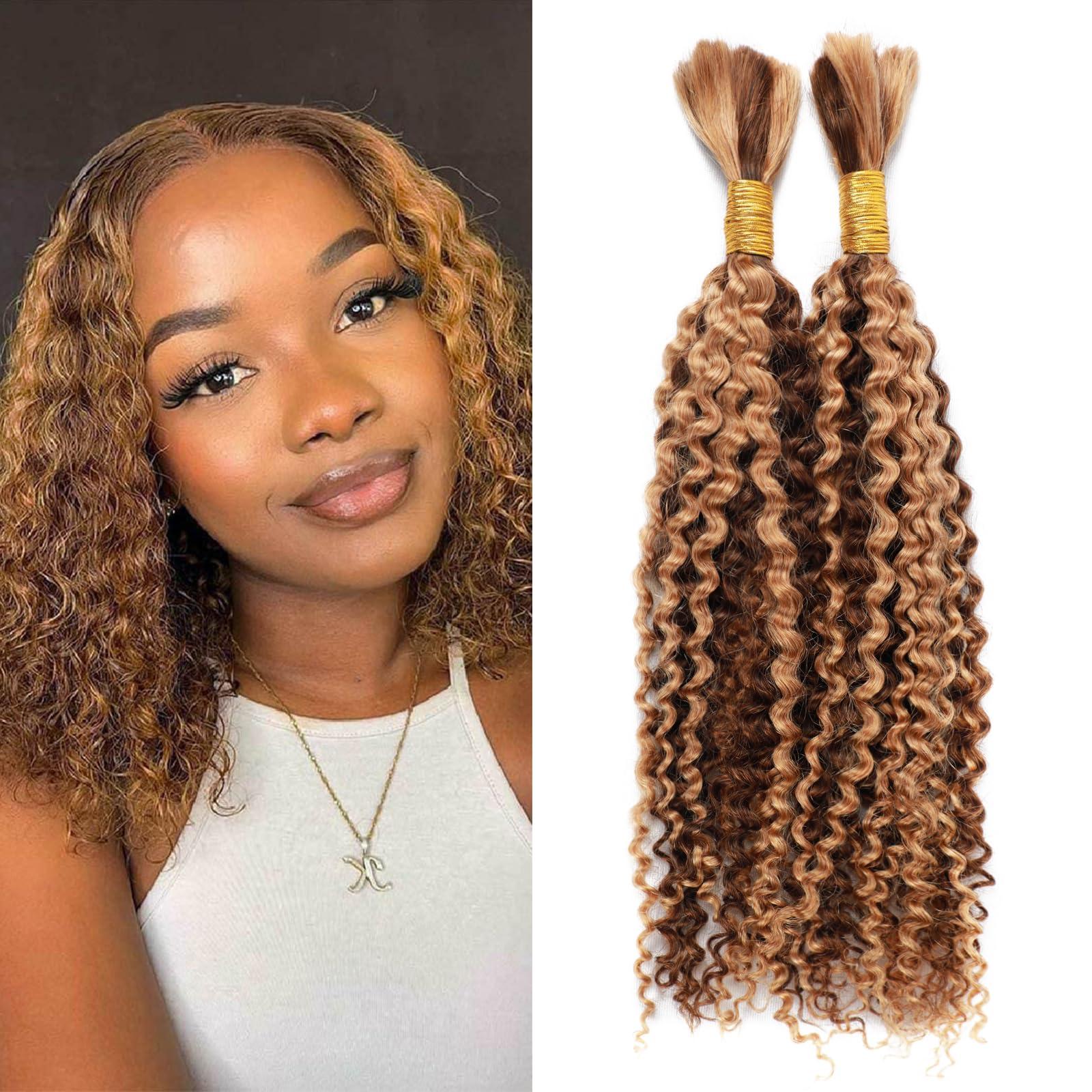 LUCLUEME Bulk Human Hair For Braiding kinky curly 100% Unprocessed Brazilian Virgin Human Hair Extensions Micro Braiding Human Hair 100g with 2 bundles No Weft (16 inch, P4/27)