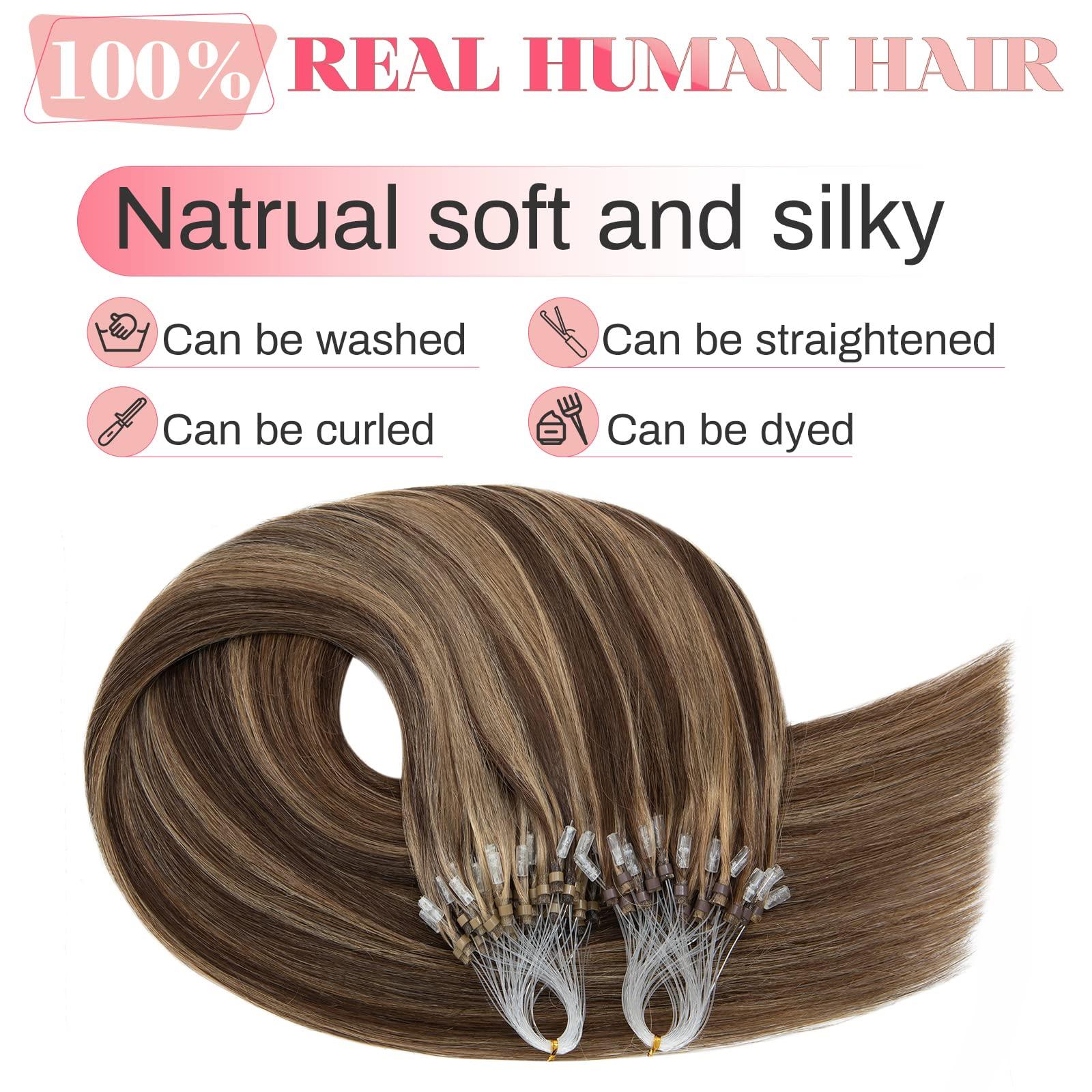 MY-LADY MY-LADY Microlink Hair Extensions Microbead Human Hair Extensions 18 Inch Micro Loop Blonde Hair Extensions Real Human Hair Medium brown mix Dark Blonde Cold Fusion Extensions Micro Link #4/27