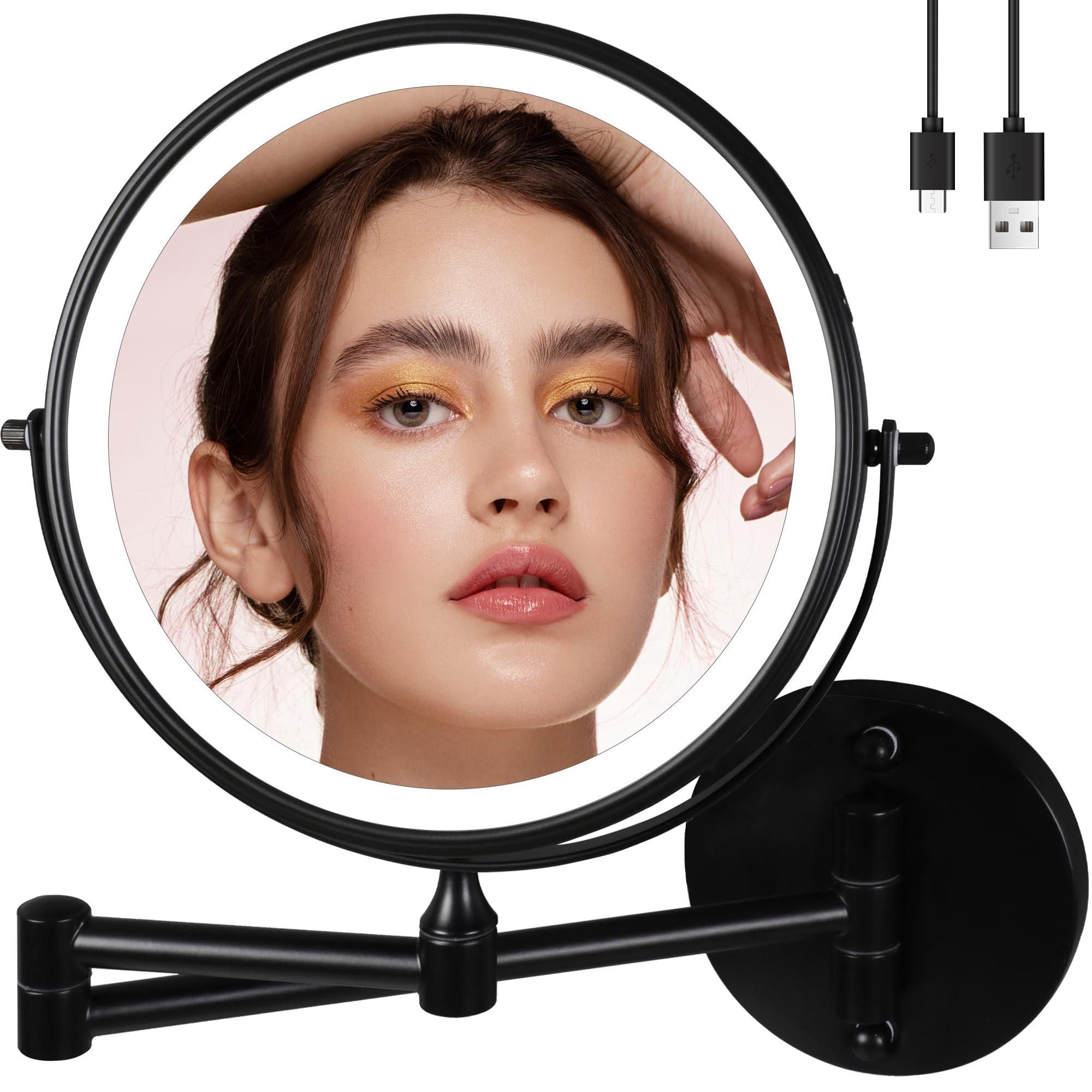 TUSHENGTU 9\" Large Black Wall Mount Magnifying Mirror With Light, TUSHENGTU 3000mAh Rechargeable Lighted Makeup Vanity Mirror Wall Mounted Swing Arm,10X/1X Magnifying Vanity Mirror for Bathroom 360Double Sided