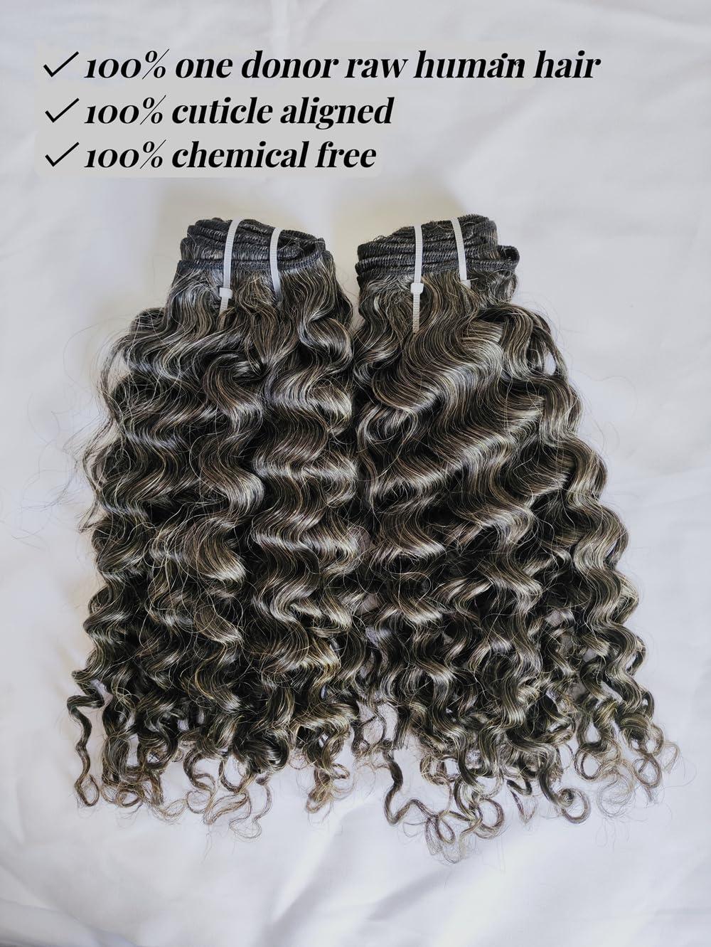 Clytie Curly Raw Human Hair Bundles Salt and Pepper Gray Jerry Curly Grey Raw Hair Bundles 50% Grey Mixed Black Color 14 Inches 2 Bundles Virgin Hair Weave Extensions Can be Dyed and Styled by Clytie