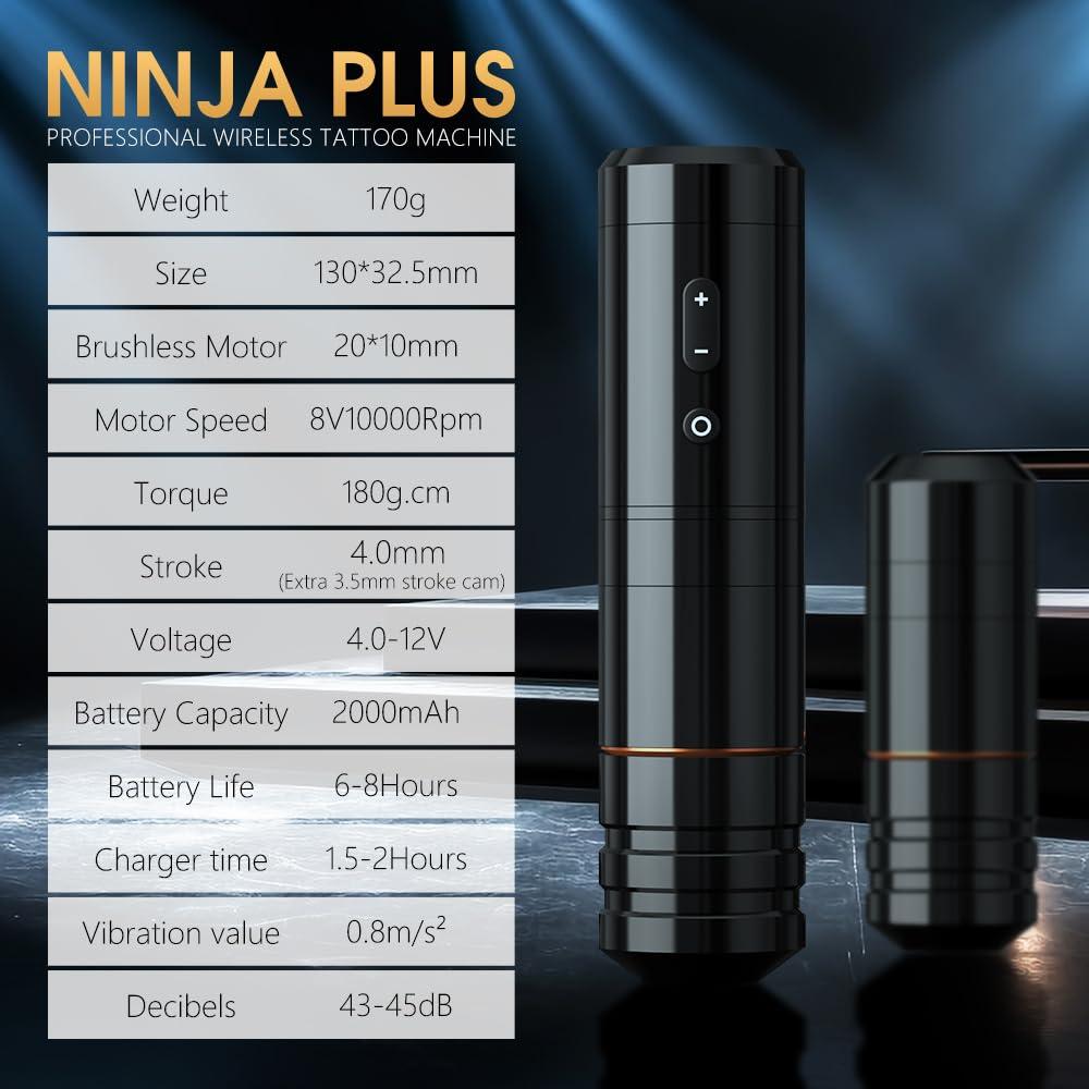 Ambition Ambition Ninja Plus Wireless Tattoo Machine - Rotary Cartridge Tattoo Gun with 2000mAh Power LCD Digital Display Brushless Motor Straight Drive Bar Tattoo Equipment for Tattoo Artists