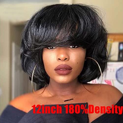 UMRHair 10inch Short Yaki Wavy Bob Human Hair Wig with Bangs 150% Density Short Cut Scalp Wig None Lace Italian Yaki Human Hair Wigs Glueless Wavy Black Bob Bangs Scalp Top Human Hair for Women