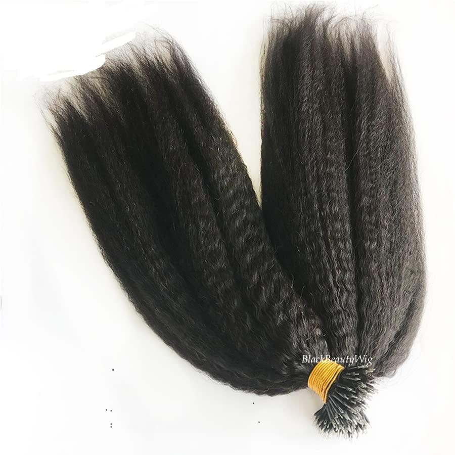 TPFHR Kinky Straight Nano Ring Human Hair Extension Micro Link Brazilian Remy Nano Tip Hair Coarse Italian Yaki For Black Women 100g 100strands (18inch 100strands, 1(Jet Black))