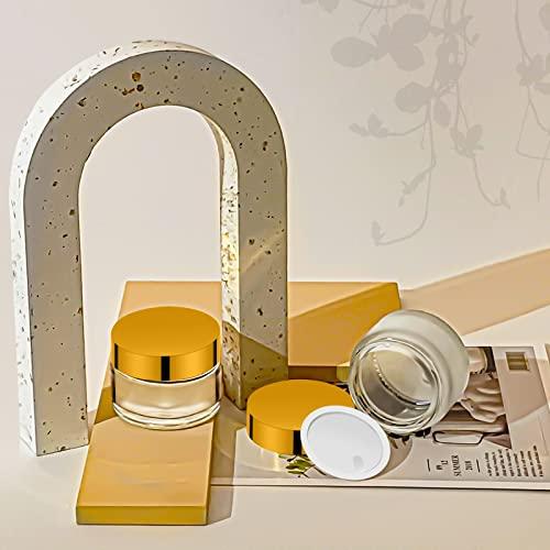 KOIBITO 1 Oz Frosted White Round Glass Jars with Gold Lid, Empty Glass Containers with Inner Liners, Refillable Cosmetic Vials for Cream, Lotion, Ointment (12 PCS)
