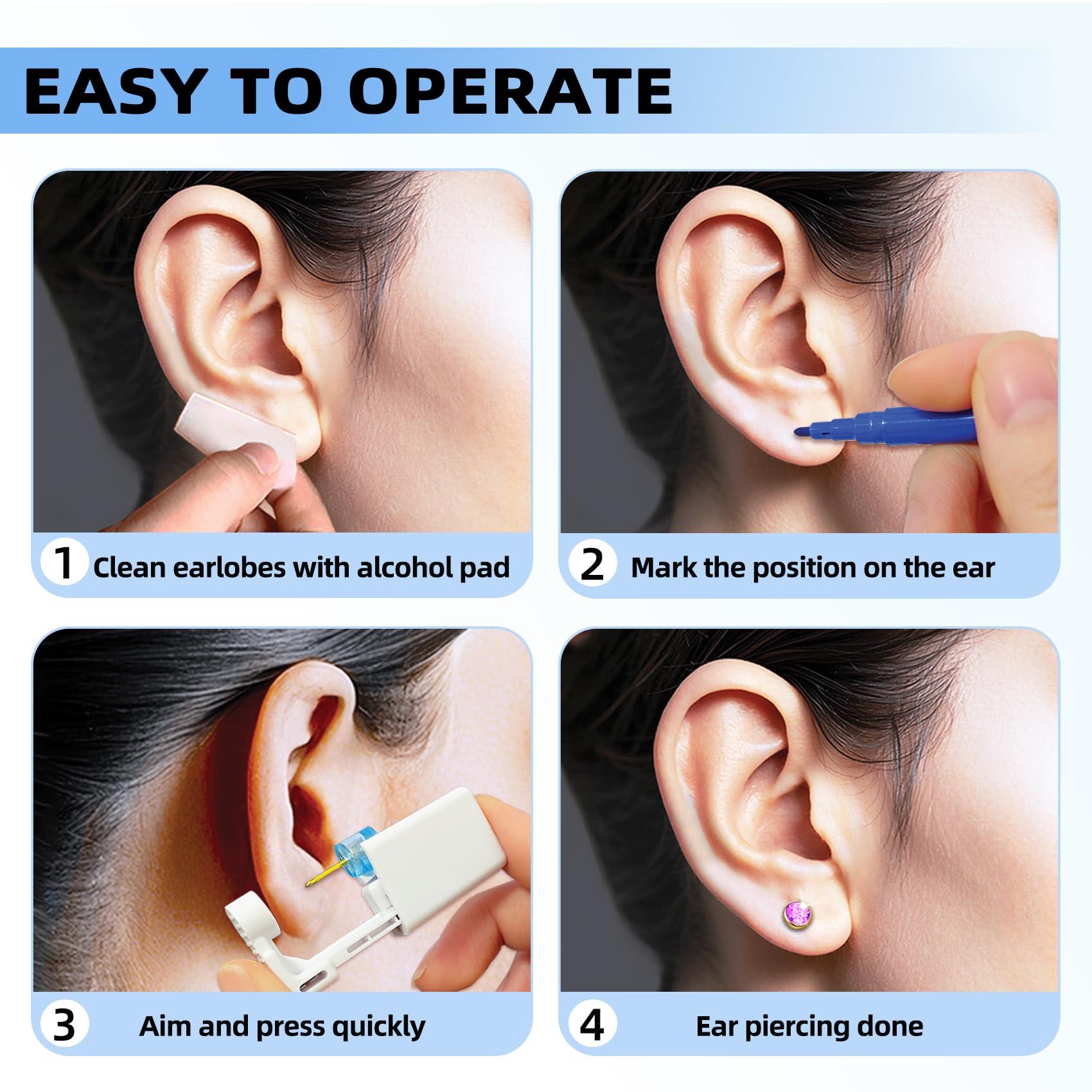 Novopiercing Get the Perfect Ear Piercing with 24 Pcs Premium Ear Piercing Kit - Includes 8 Purple CZ Diamond Earrings and 8 Easy-to-Use Self Ear Piercing Gun - Safe and Painless