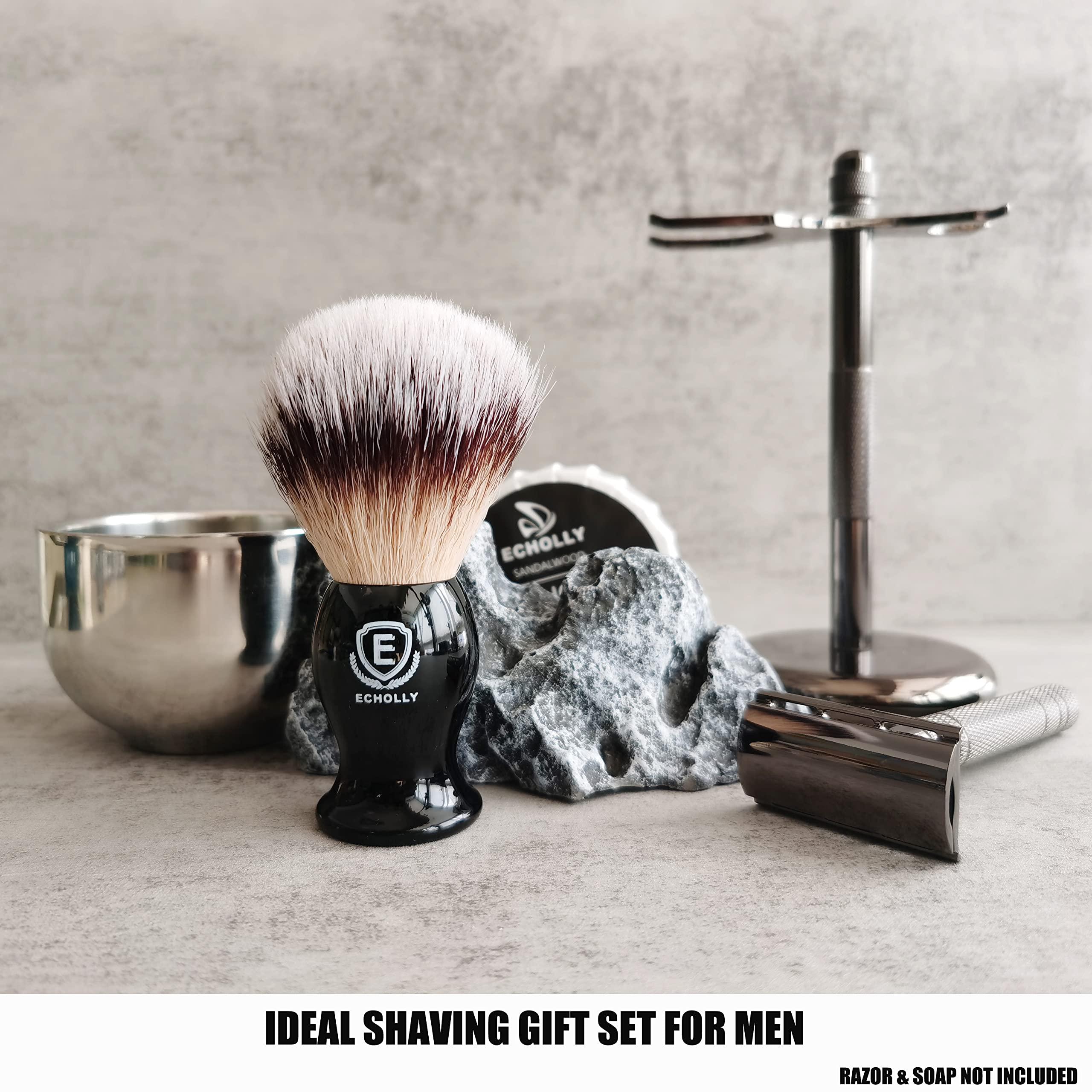 ECHOLLY 3 in1 Premium Shaving Brush Kit for Men Includes Vegan Badger Synthetic Hair Shaving Brush,Stainless Steel Shaving Soap Bowl,Heavy Safety Stand for Mens Gift (Deluxe Black)