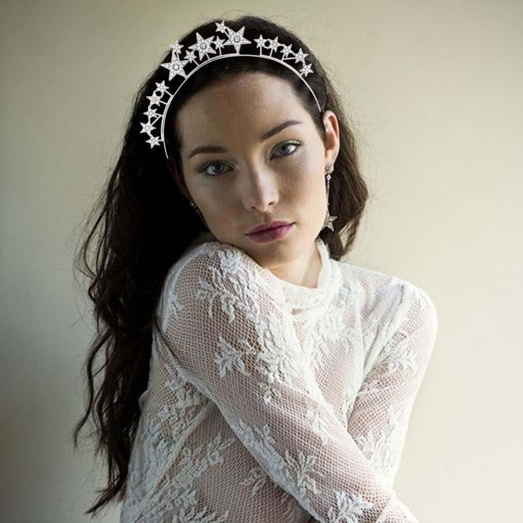 CAKURE CAKURE Star Halo Crown Headband Silver Rhinestone Celestial Wedding Tiaras Crystal Mary Headpiece Party Wedding Hair Accessories for Women and Girls