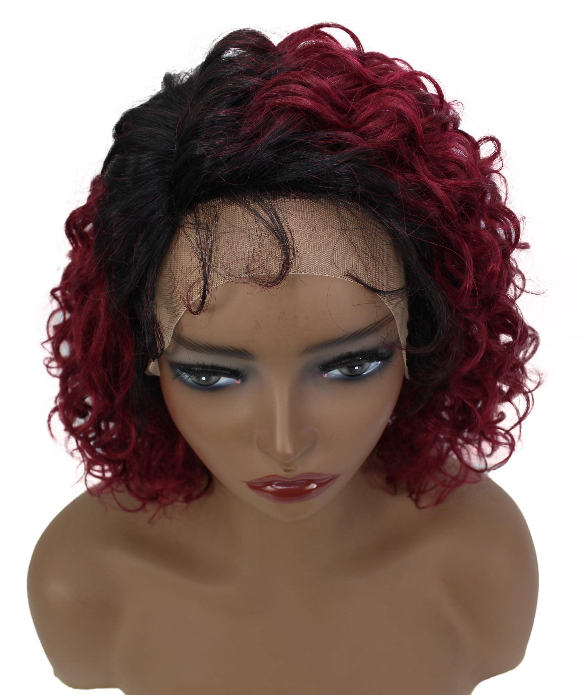 LUXLUXE LUXLUXE Lanelle Curly Jaw-Length Cut 11 in Long Side Part Wig, Heat Stylable Human Hair, BLH-0007 (Black to Red Blend)