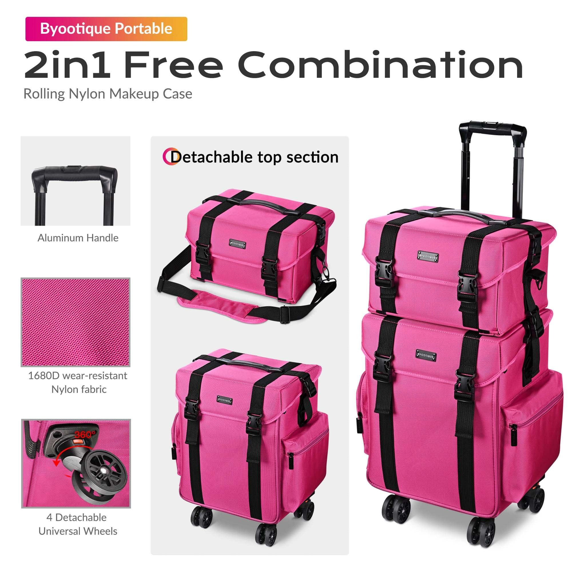 BYOOTIQUE BYOOTIQUE 2 in1 Soft Sided Rolling Makeup Case Unseasonable Bright Cosmetic Train Case with Wheels and Removable Organizer, Deep Pink