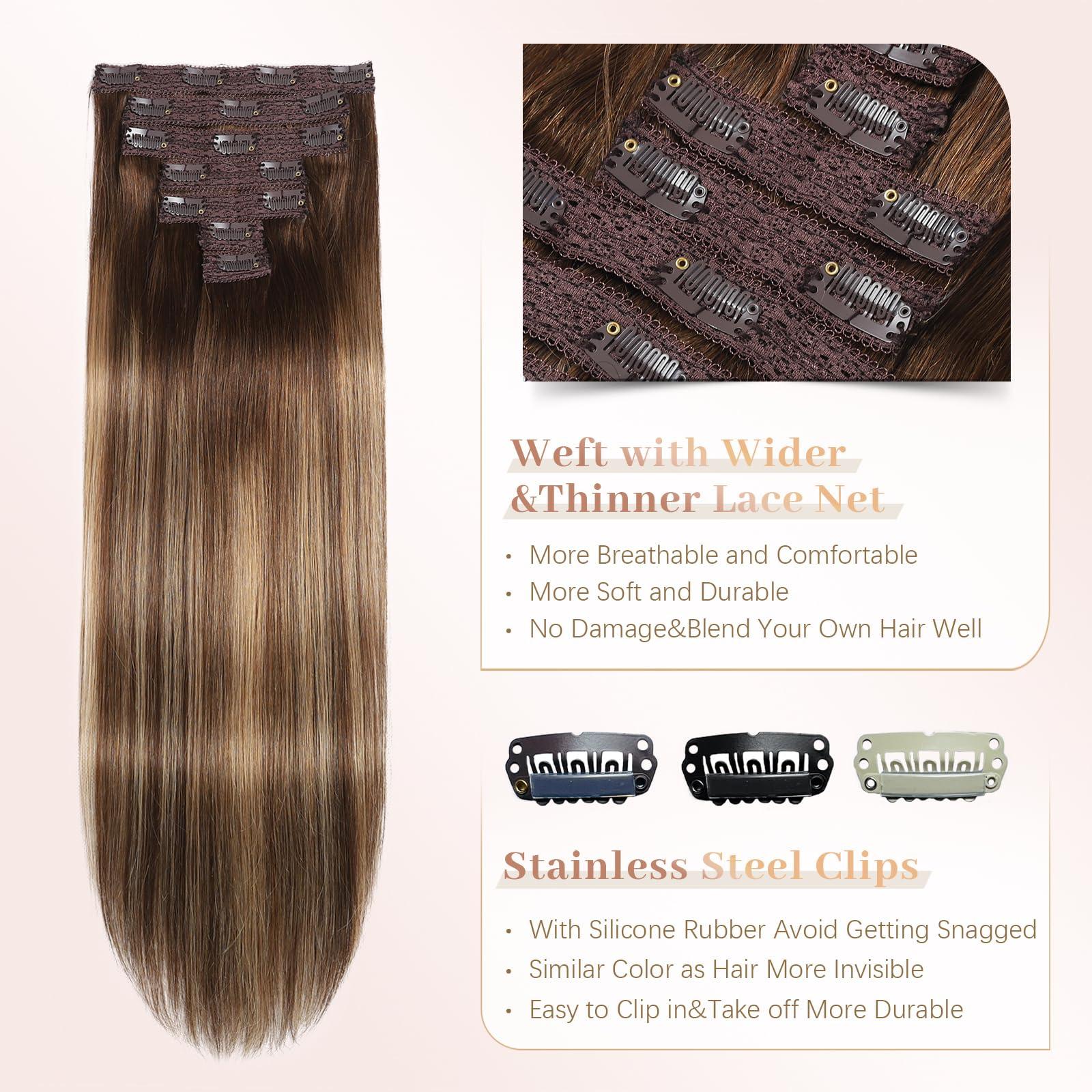 Sisily Sisily Clip in Hair Extensions Real Human Hair, Premium Human Hair Clip in Extensions Chocolate Brown to Blonde Balayage, Soft Straight Hair Extensions Real Human Hair Clip ins 7PCS 20 Inch