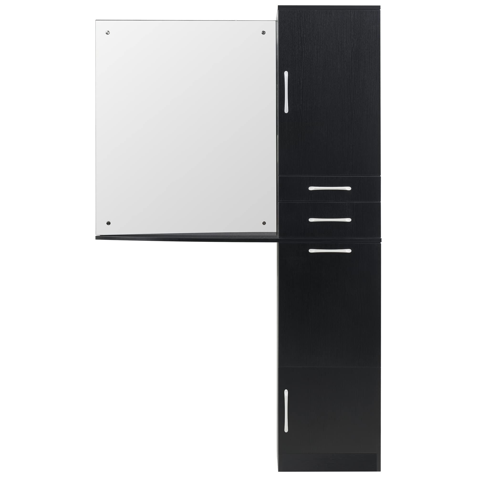 BarberPub BarberPub Wall Mount Mirror Station with Storage Drawers and Shelf Salon Station Hair Styling Barber Station Beauty Equipment 3034 (Black)