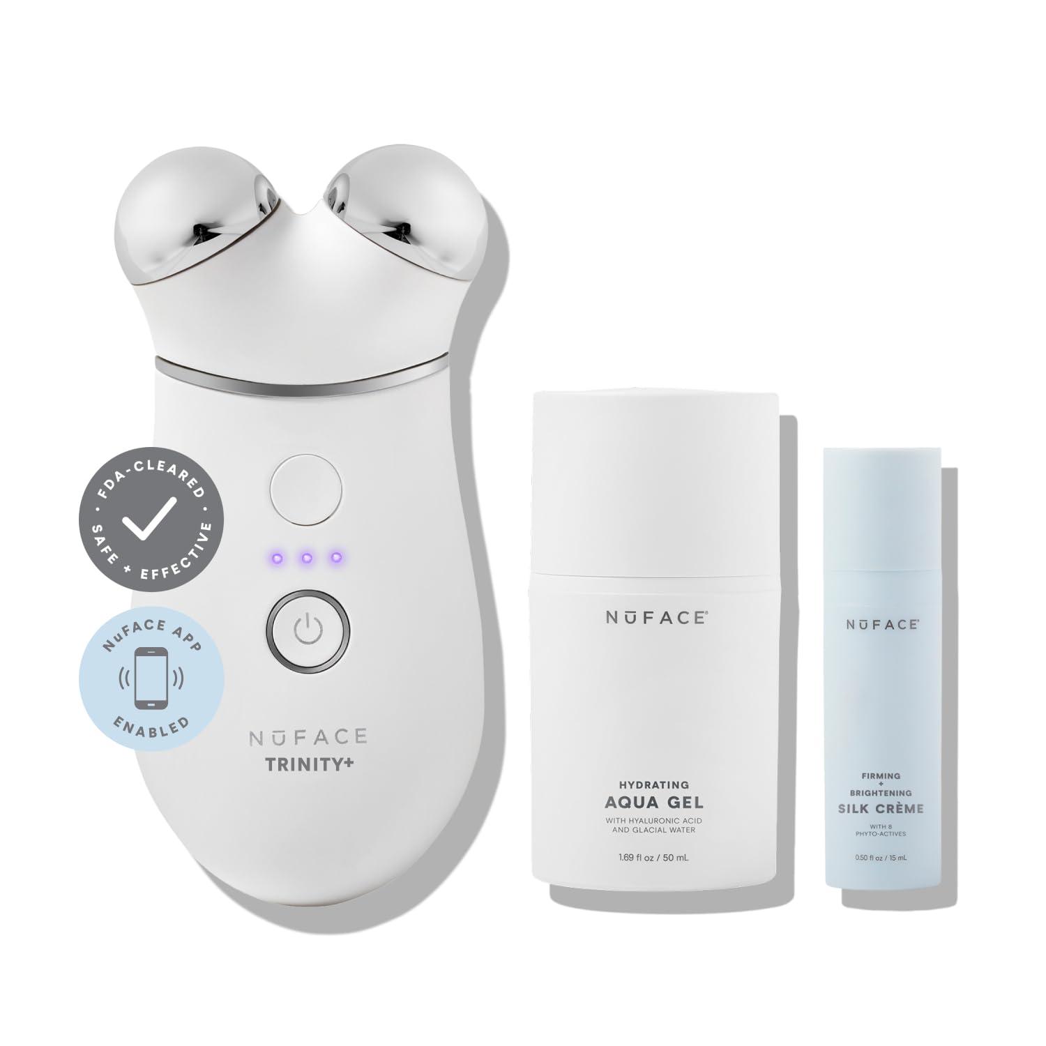 NuFACE NuFACE Trinity+ Microcurrent Facial Device Kit - FDA Cleared Face Sculpting & Neck Tightening Device to Contour Cheeks & Brows + Microcurrent Gel Activator, Silk Crme & Brush