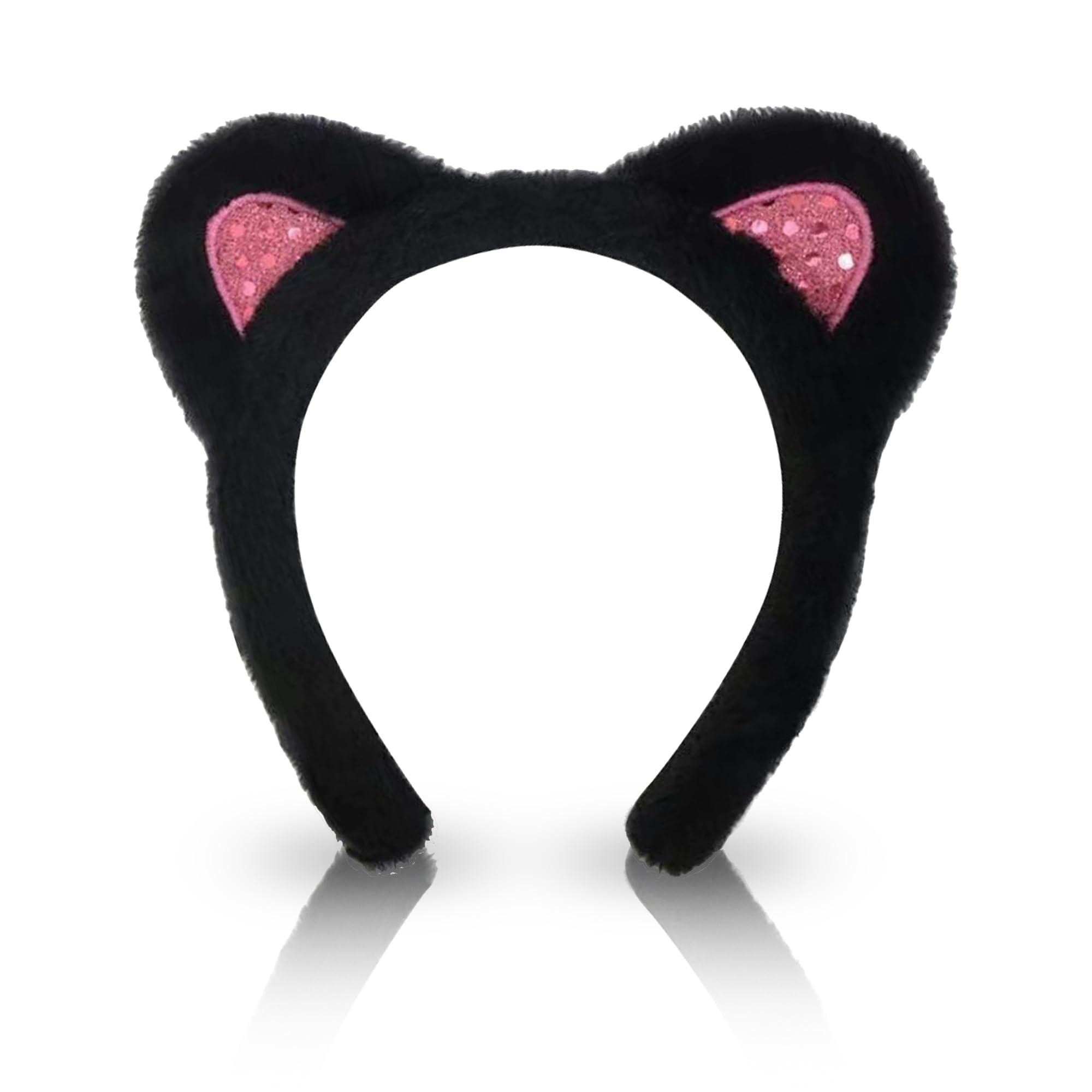 AEGYPIUS AEGYPIUS Cat Ears Headbands, Sparkling Black Cat Ear Headband Cute Lovely Hairband Plush Cat Ears Hair Headbands Washing Face Headbands Perfect for Dress-Up and Fun, Makeup, Teen Girls & Women