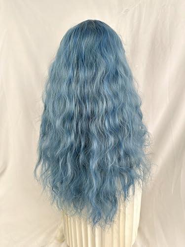 huafan luxkazya huafan luxkazya Blue Wig Long Curly Wig with Bangs Lolita Wig Long Wavy Synthetic Wig for Women Daily Party Use
