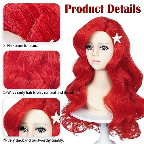 LABEAUT LABEAUT Max Beauty Red Mermaid Wigs Long Curly Daily Wig Hair Heat Resistant Synthetic Fiber for Halloween for Cosplay for Christmas (Red Kids + Hairpin)