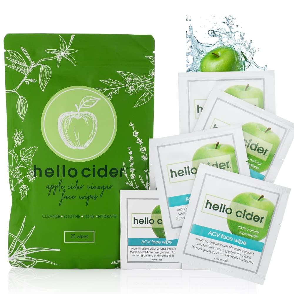 Hello Cider Apple Cider Vinegar Acne Face Wipes-Organic TeaTree, Rose, Chamomile, Witch Hazel.Oil free. Reduce Blemish & Acne. Tone,Restore, Sooth, Balance pH. Dry, Normal, Sensitive Skin. 25ct. USA Hello Cider