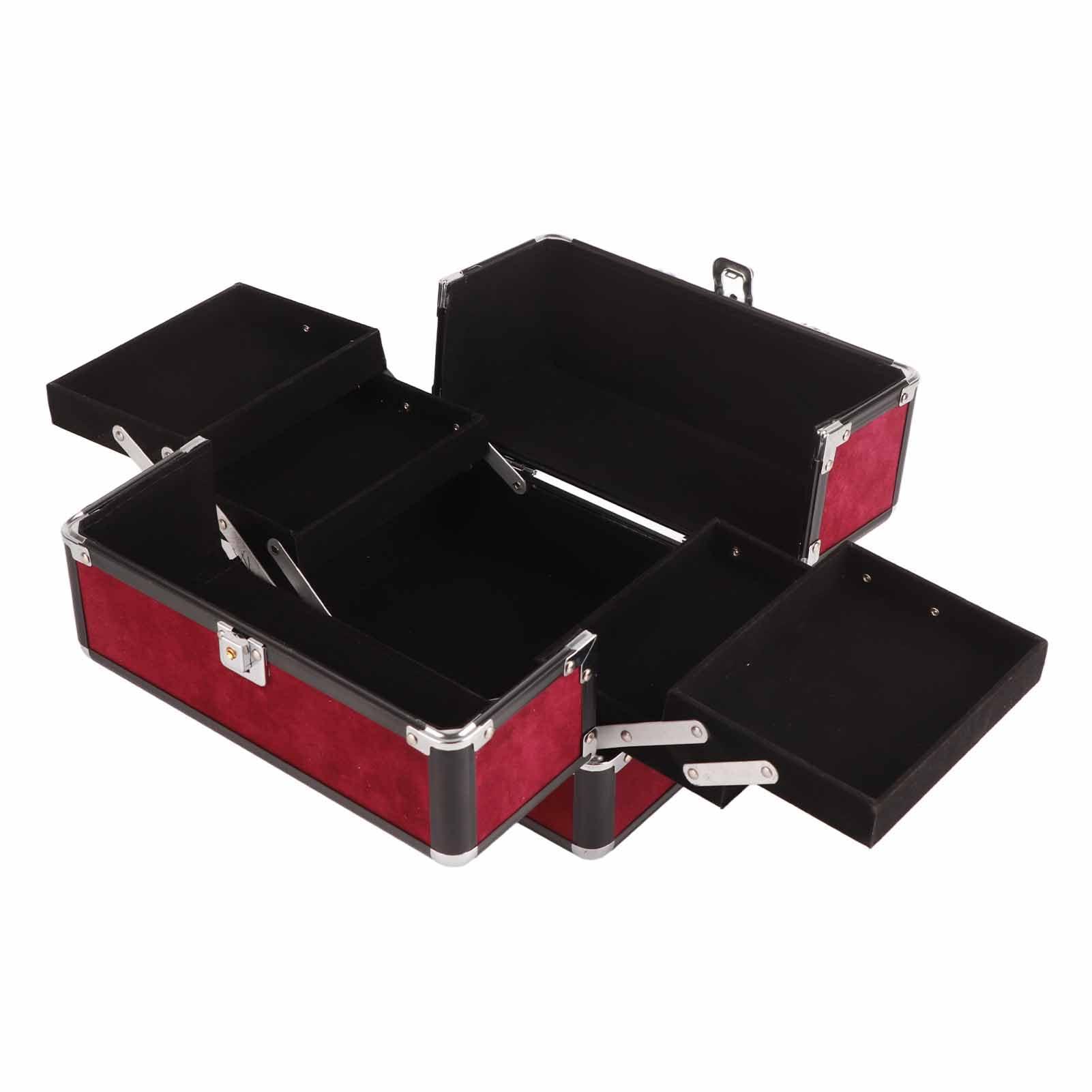 Dioche Large Makeup Case with High Capacity Storage with Lockable for Home Salon, Makeup Tools Traveling Makeup Case 25x17x17cm (Wine Red and Black Strip Black Bottom)