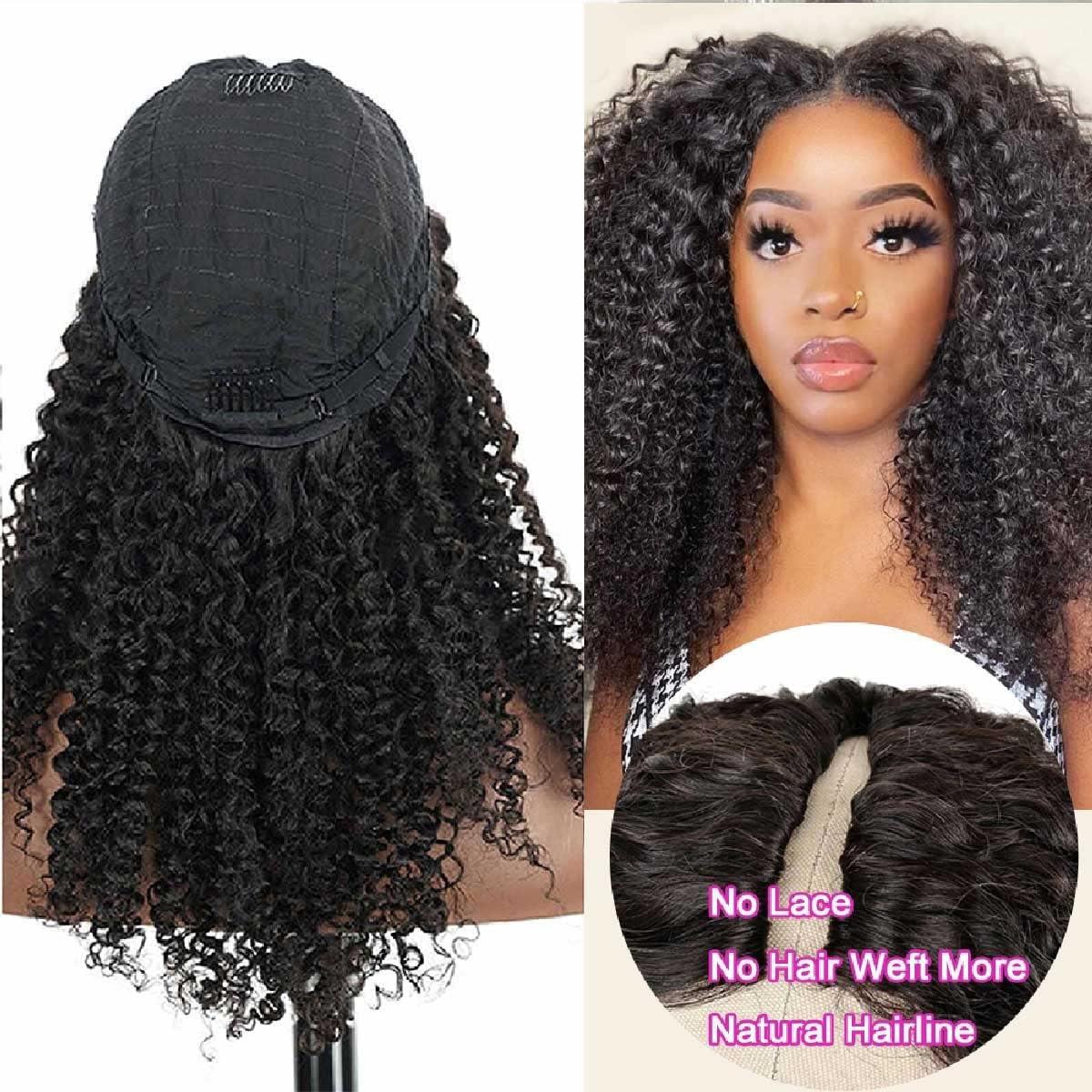 OLFORY OLFORY Curly V Part Wig Human Hair Wigs for Black Women Upgrade U Part Wig 12A Virgin Hair Curly Wig No Glue Kinky Curly Clip In Half Wig V Shape Wigs(22 inch, v-part-curly)