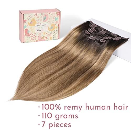 affordhair Affordhair Dark Brown to Chestnut Brown Balayage Hair Extensions Clip in, Remy Clip In Hair Extensions Real Human Hair with Blonde Highlights, 20 Inch, 7pcs, 110g