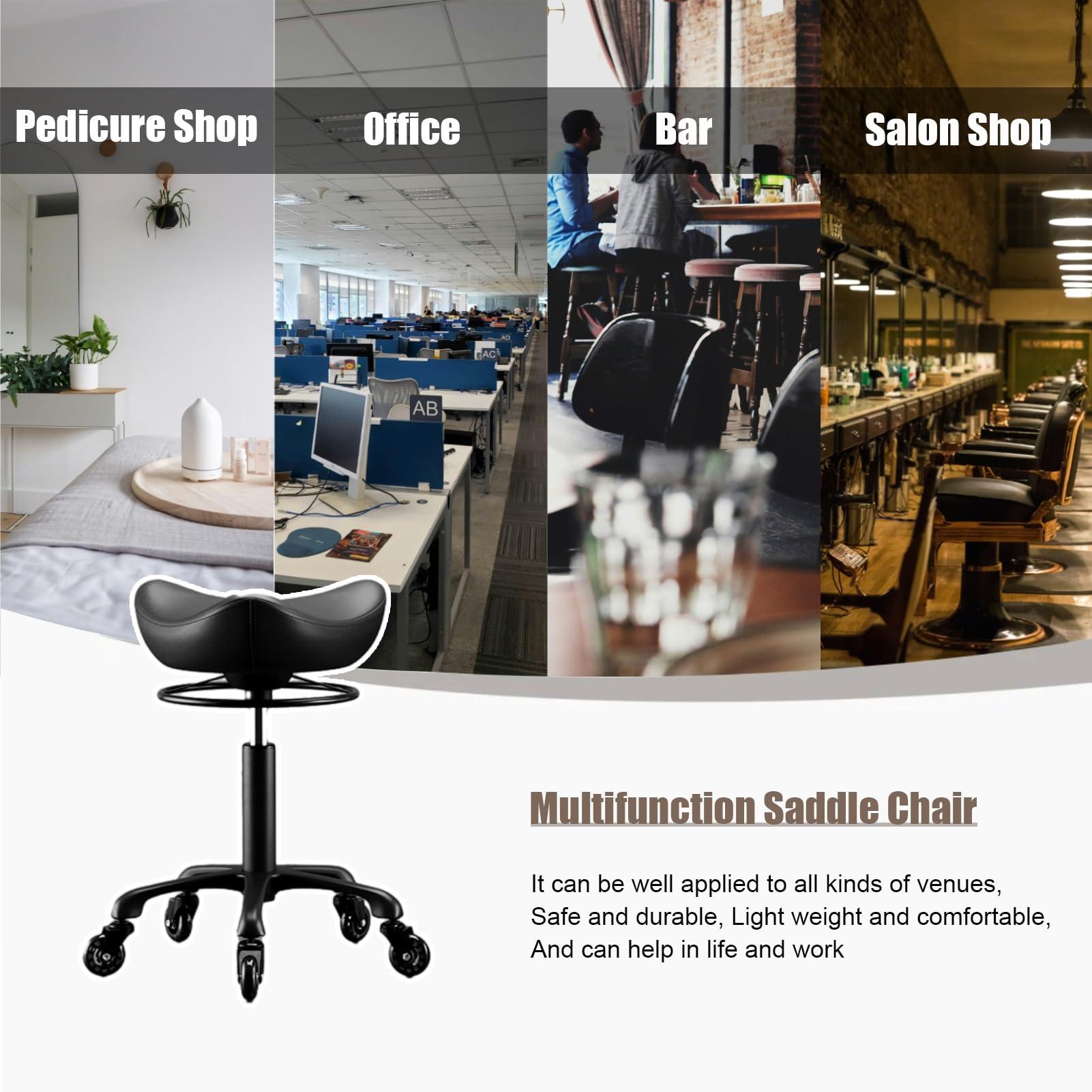 Kunovo Kunovo Hair Stylist Saddle Stool, Liftable Swivel Black Salon Cutting Stool with Wheels, Heavy Duty Rolling Saddle Chair for Hairdressers/Clinic, 58741