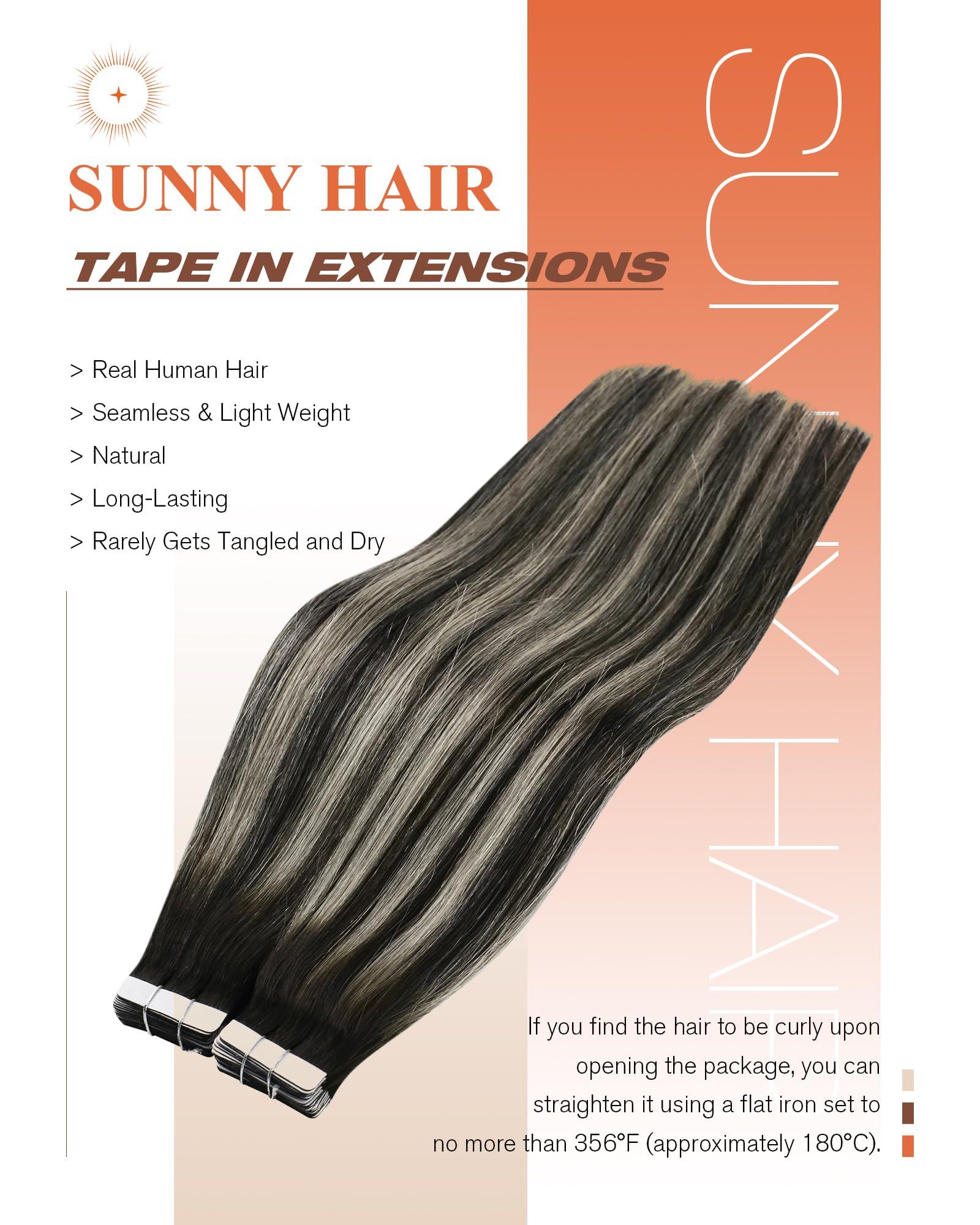 Sunny Hair Sunny Hair Extensions Real Human Hair Tape in Black Ombre Tape in Hair Extensions Human Hair Black Roots to Silver Grey Balayage Tape in Extensions Straight Hair Extension Black Ombre 20pcs 50g 20inch