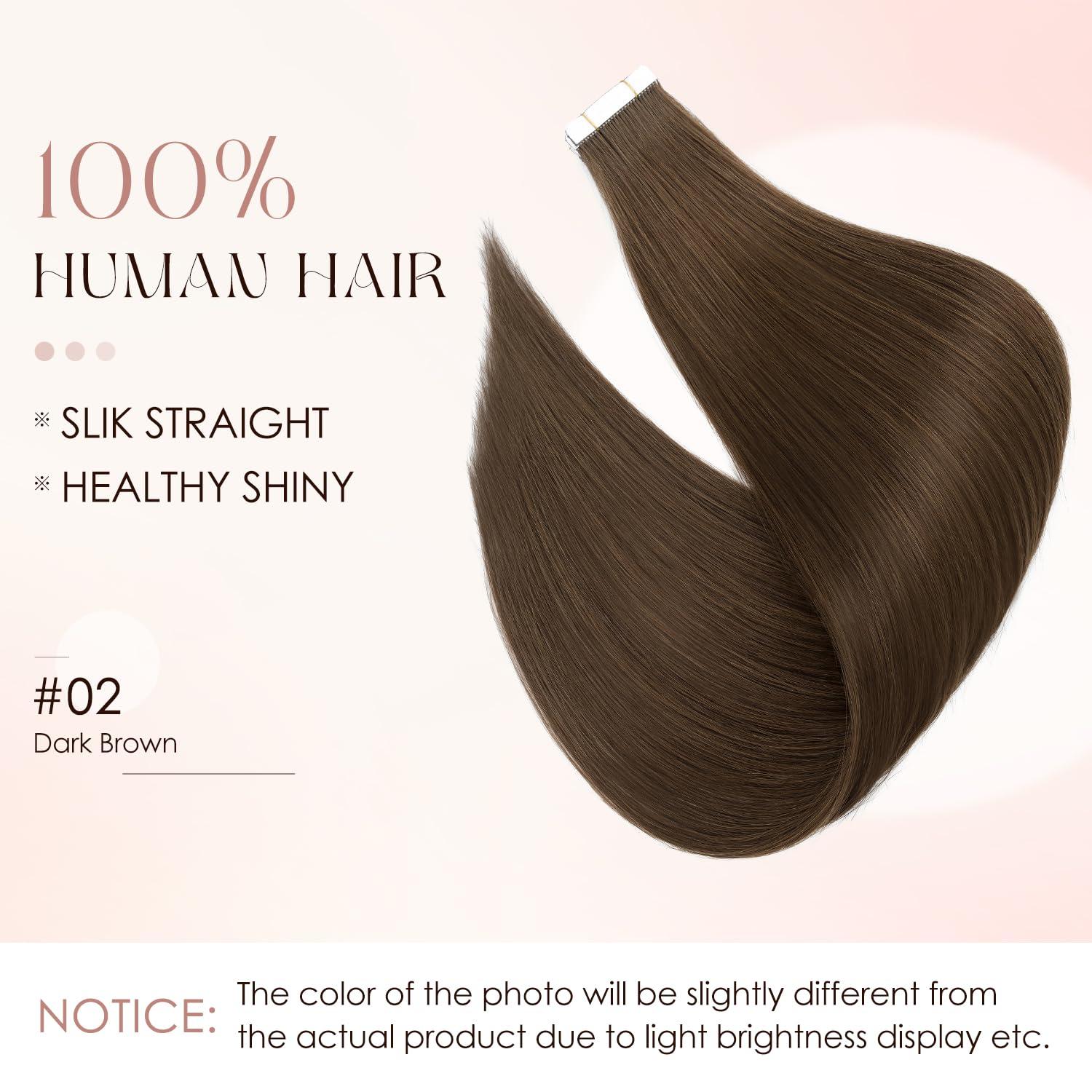 SLEEKALON Human Hair Tape in Extensions-Double Stitched,SLEEKALON Free-cut Mini Tape ins Real Hair Extension Dark Brown Invisible Seamless Straight Double Side Tape Hair Extension-18 Inch,20pcs 50g,#02