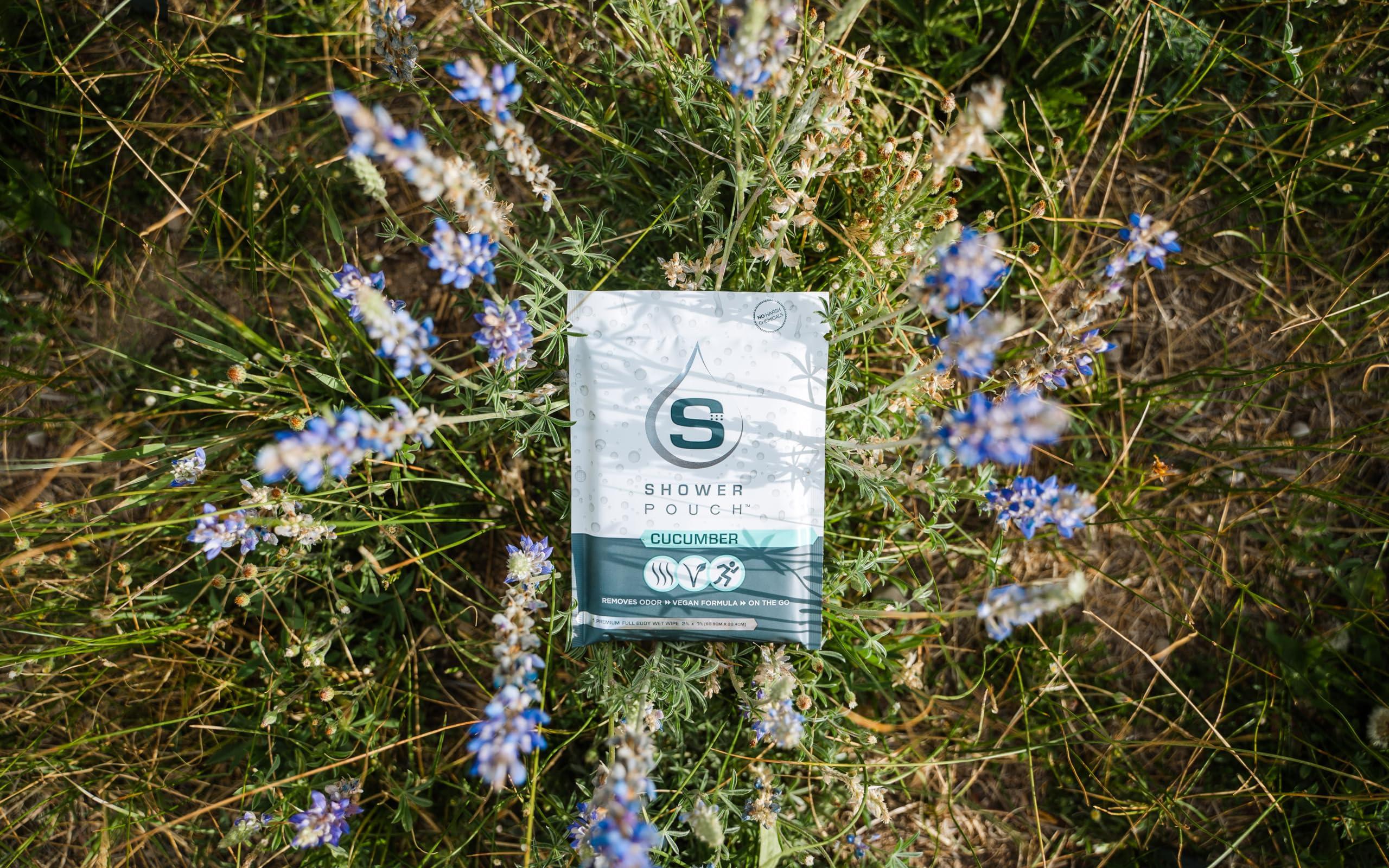 S SHOWER POUCH Shower Pouch XL (2' x 1') Bathing Body Wipes for Adults Aloe-Infused Heatable & Reusable Bath Wipes for Camping, Travel, Outdoor (10 Pack) Cucumber Scent