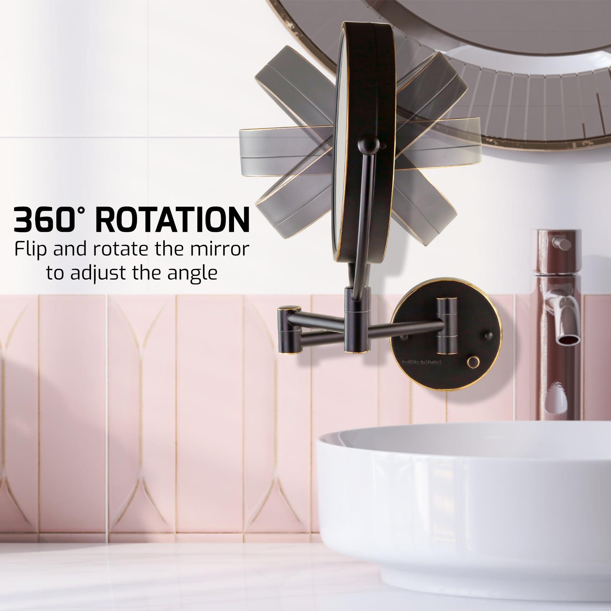 OVENTE OVENTE 9\" Lighted Wall Mount Makeup Mirror with 1X/7X Magnification, Double Sided Magnifying Vanity Mirror, LED Glow Light, 360 Swivel Design, Extendable & Folding Arm, Rubbed Bronze MPWD3185BZ1X7X