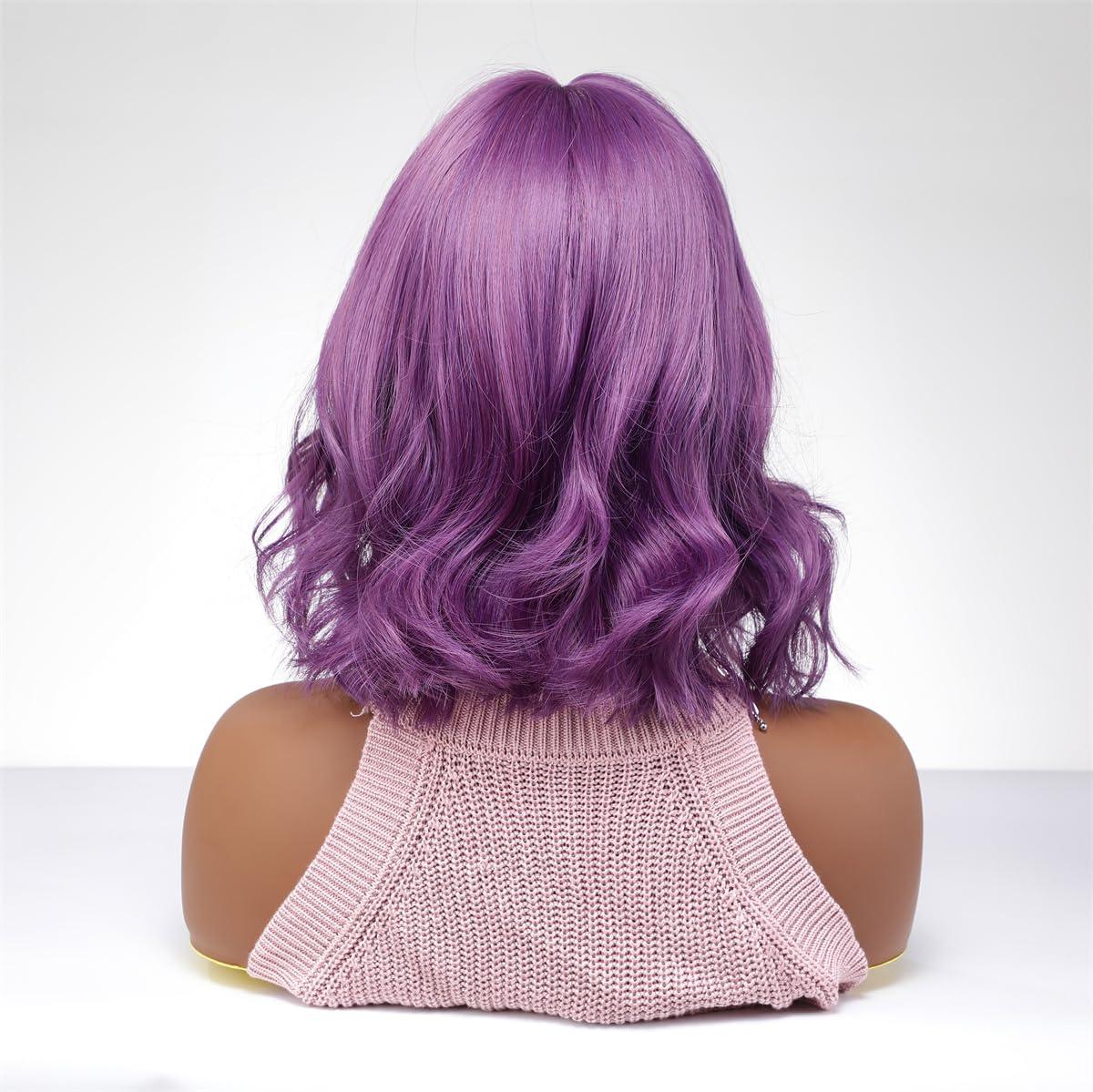 MocNeavian MocNeavian Purple Ombre Wig Wig With Bangs Bob Short Wavy Wigs for Women Natural Looking Wigs Synthetic Fiber Heat Resistant Wig Women\'s Wigs for Cosplay Daily Use Natural Hair Wig for Daily Party