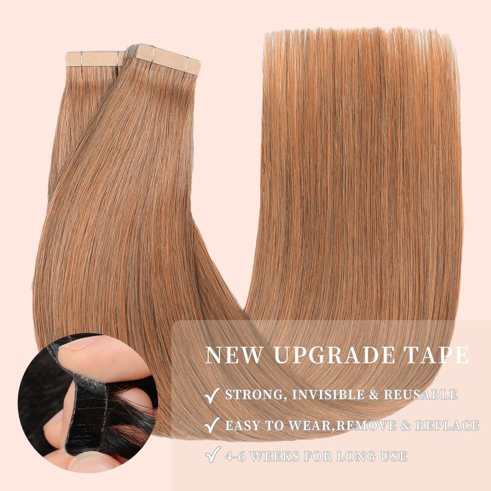 OBHD Light Brown Tape in Hair Extensions Human Hair, 20pcs 16 Inch Remy Hair Extensions Straight Human Hair Tape in Extensions Skin Weft Tape Extensions Human Hair (30#,16 Inch)