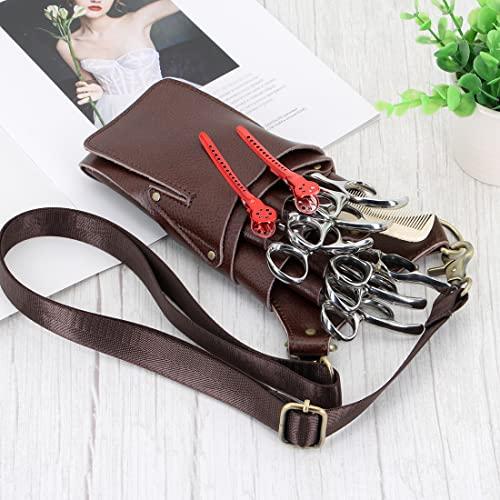 aolaso Hairdressing Scissor Pouch Belt, Aolaso Real Soft Leather Salon Barber Hairdresser Scissors Holster Hair Stylist Tools Bag for Combs with Adjustable Shoulder Strap Sc (Coffee)