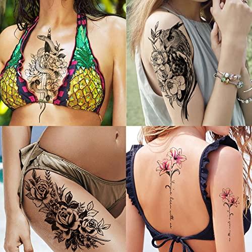Yezunir Yezunir 66 Sheets 3D Owl Tiger Flower Temporary Tattoos For Women Girls Arm Sleeve Thigh, Large Skull Lotus Snake Peony Rose Floral Temp Tattoo Sticker Adult, Fake Tattoos That Look Real and Last Long